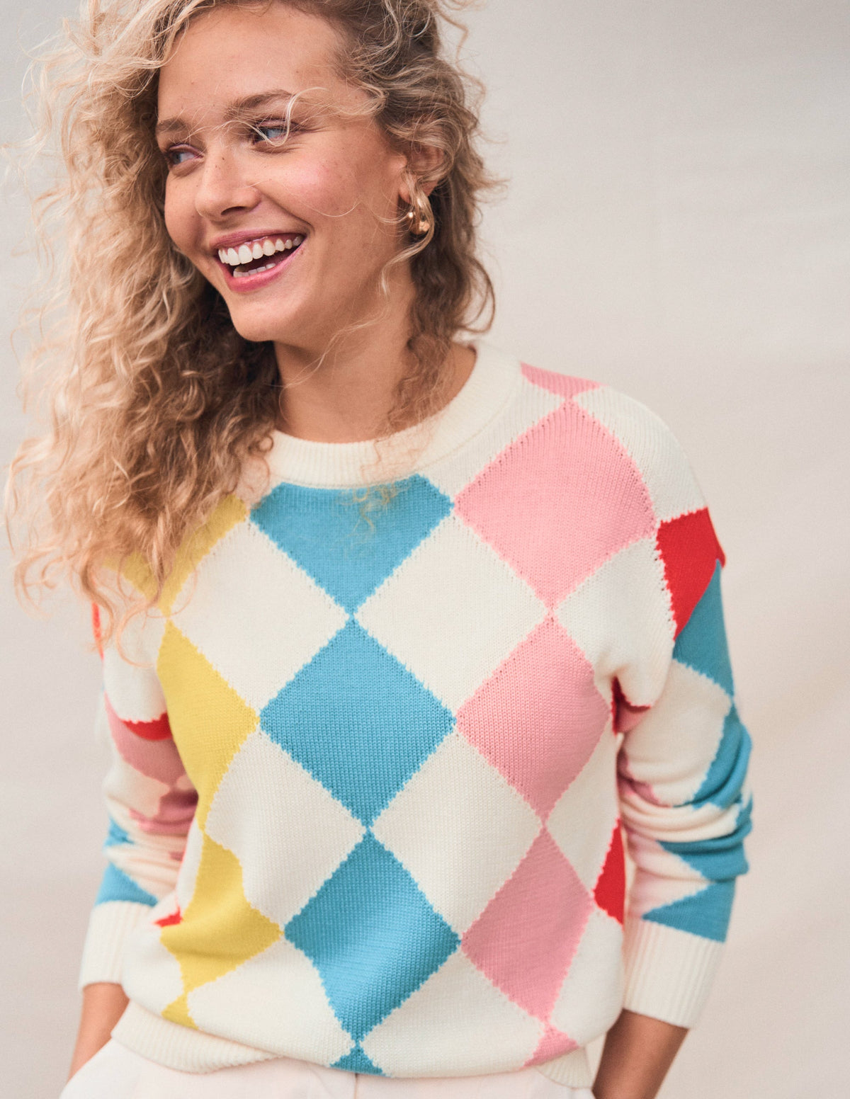 Cotton Argyle Jumper-Pink, Light Blue Argyle - Image 5