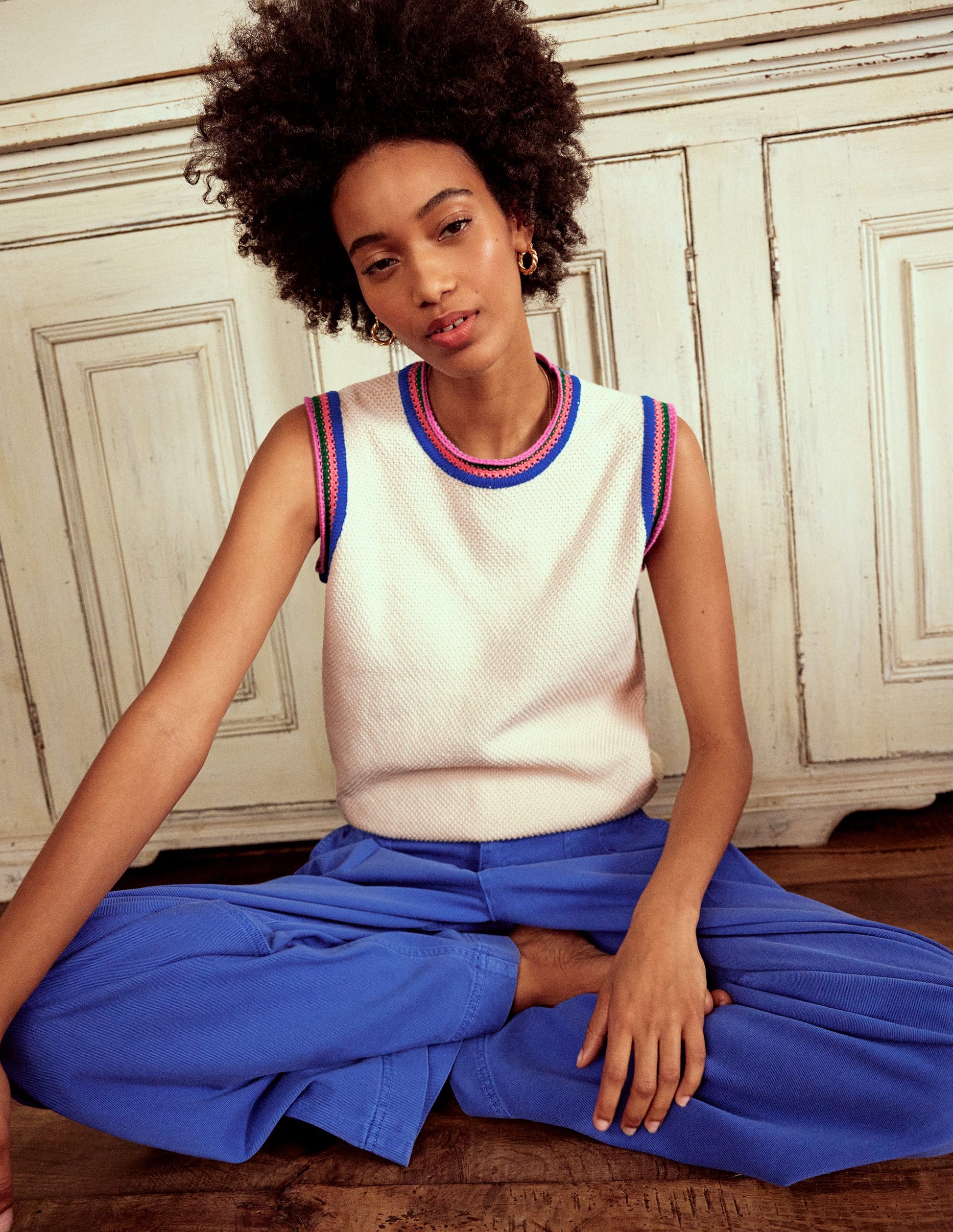 Callie Crochet Trim Tank-Warm Ivory, Rainbow Trim Boden UK