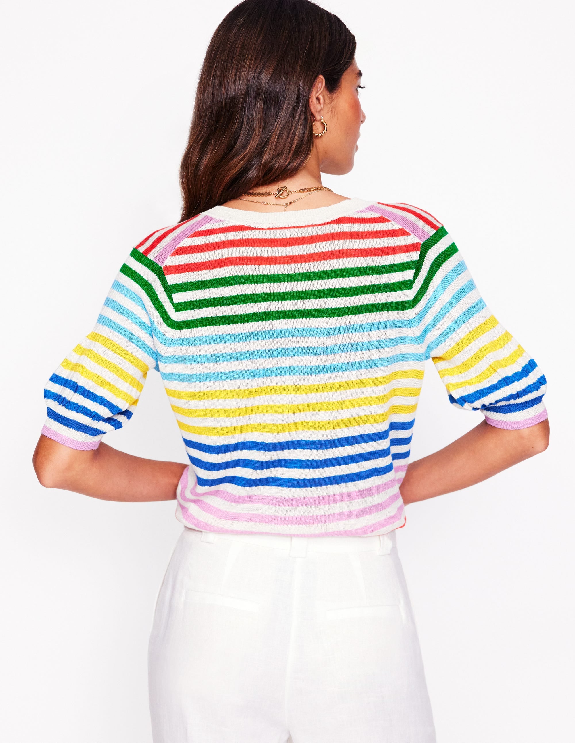 Liv V-Neck Linen T-Shirt-Banded Rainbow Stripe - Image 4