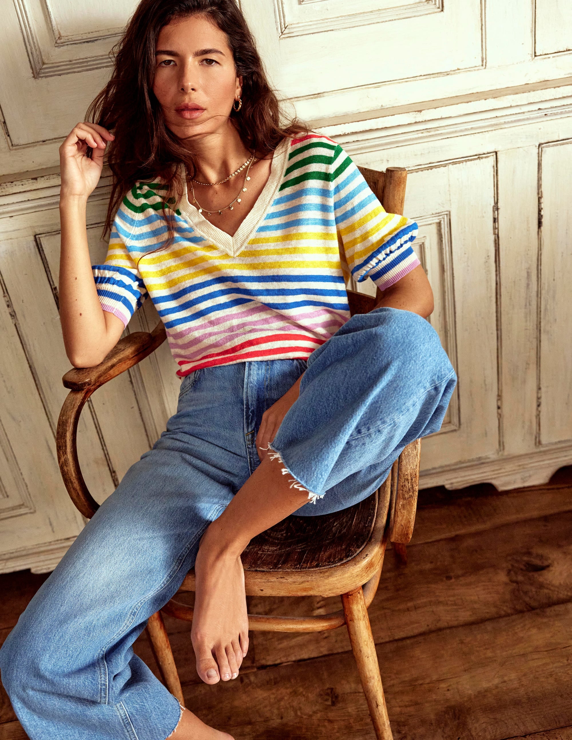 Liv V-Neck Linen T-Shirt-Banded Rainbow Stripe - Image 1