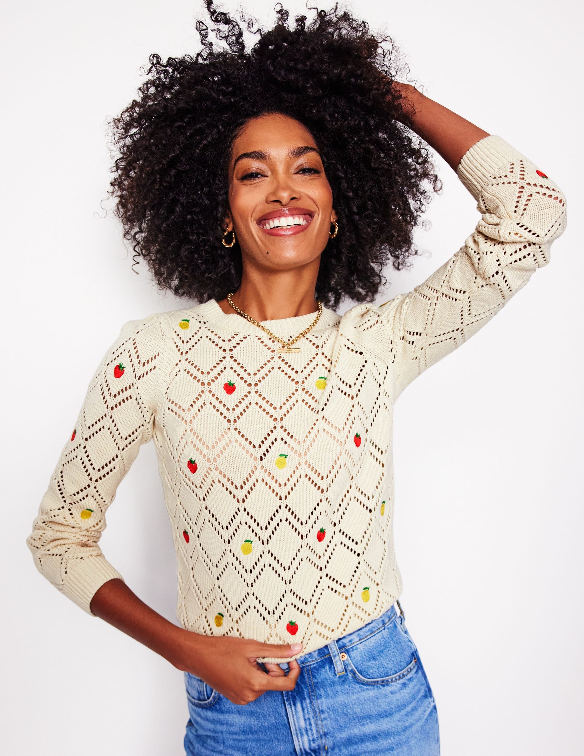 Enid Embroidered Jumper-Warm Ivory, Fruit - Image 2