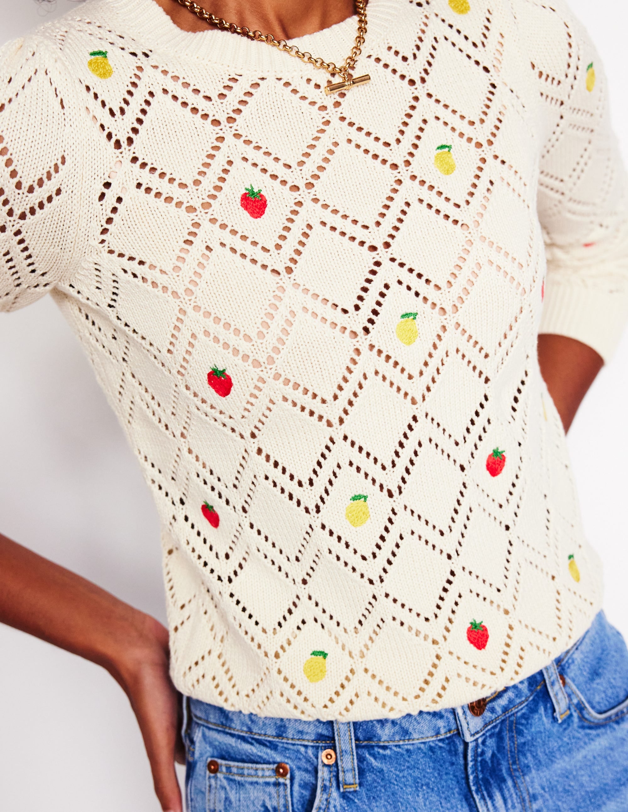Enid Embroidered Jumper-Warm Ivory, Fruit - Image 3