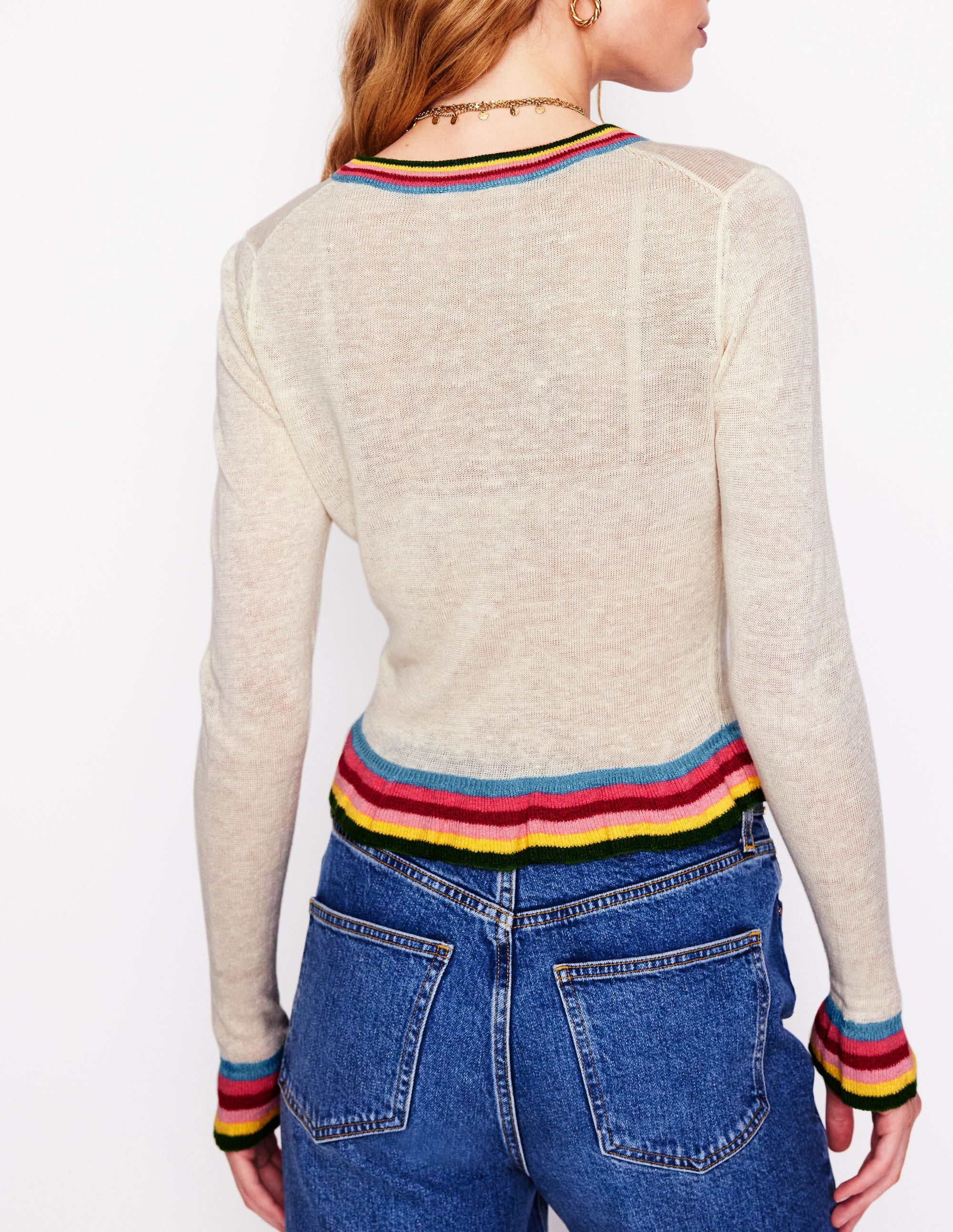 Josie Cropped Linen Cardigan-Warm Ivory, Multi Stripe - Image 3
