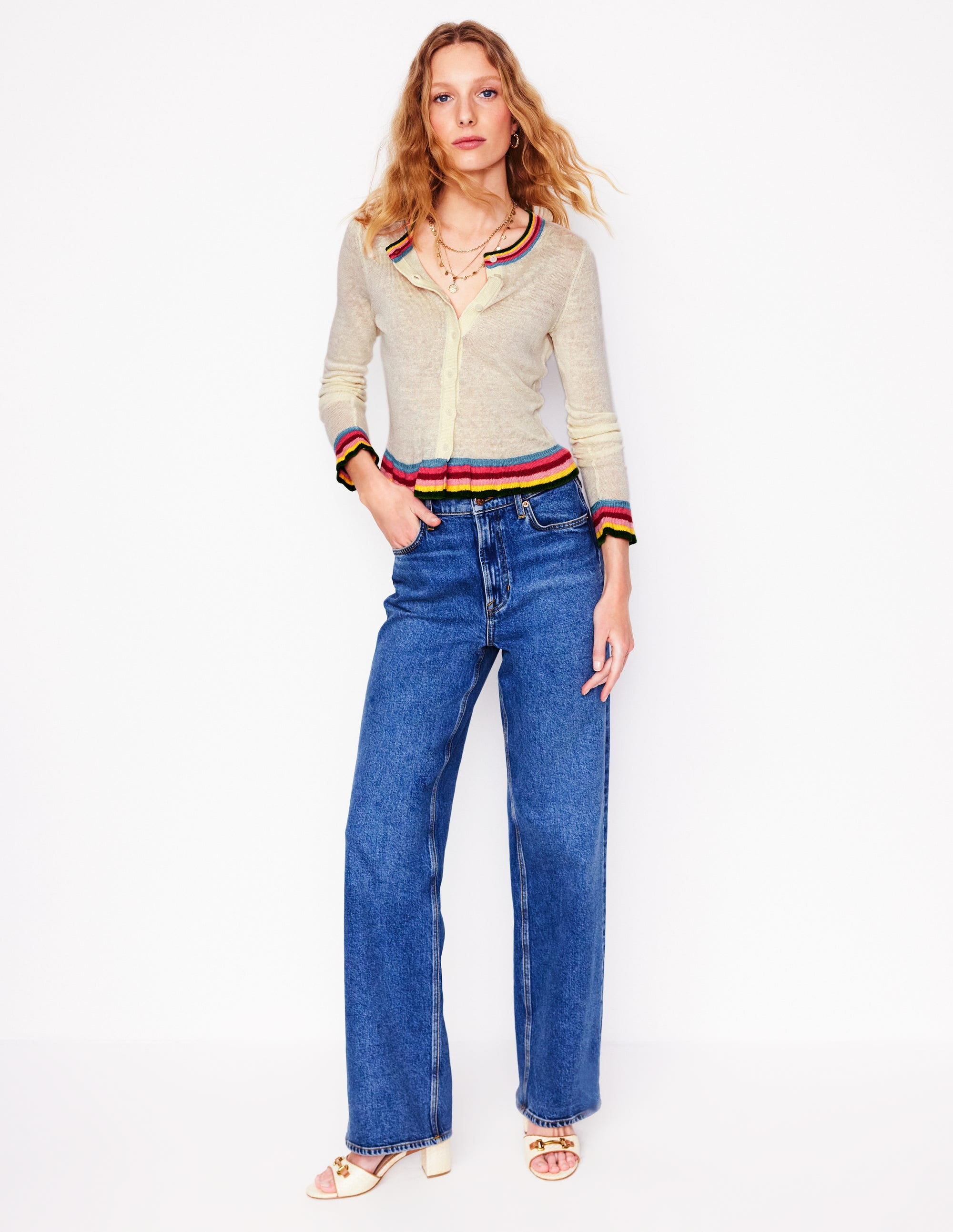 Josie Cropped Linen Cardigan-Warm Ivory, Multi Stripe - Image 4
