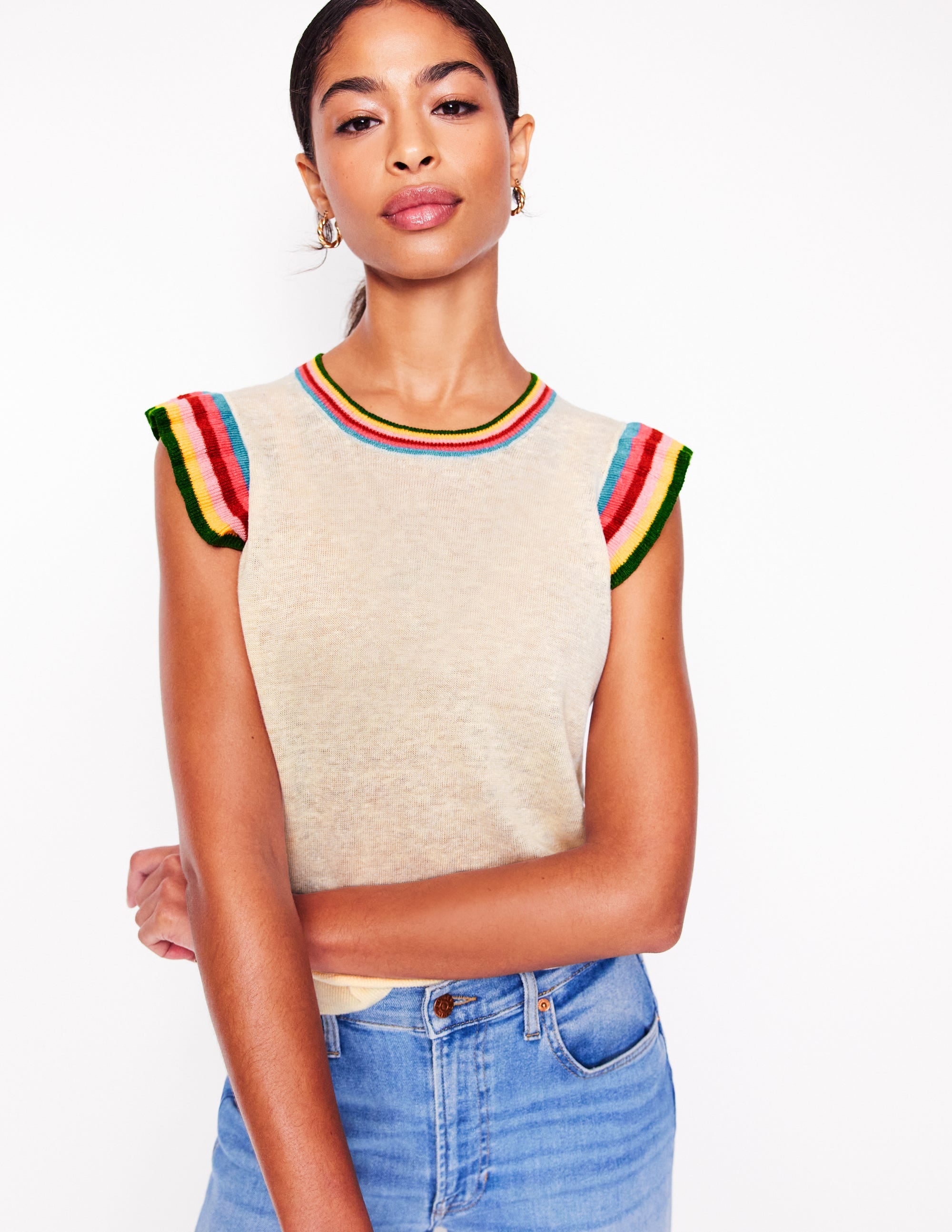 Josie Frilled Linen Tank-Warm Ivory, Multi Stripe - Image 1