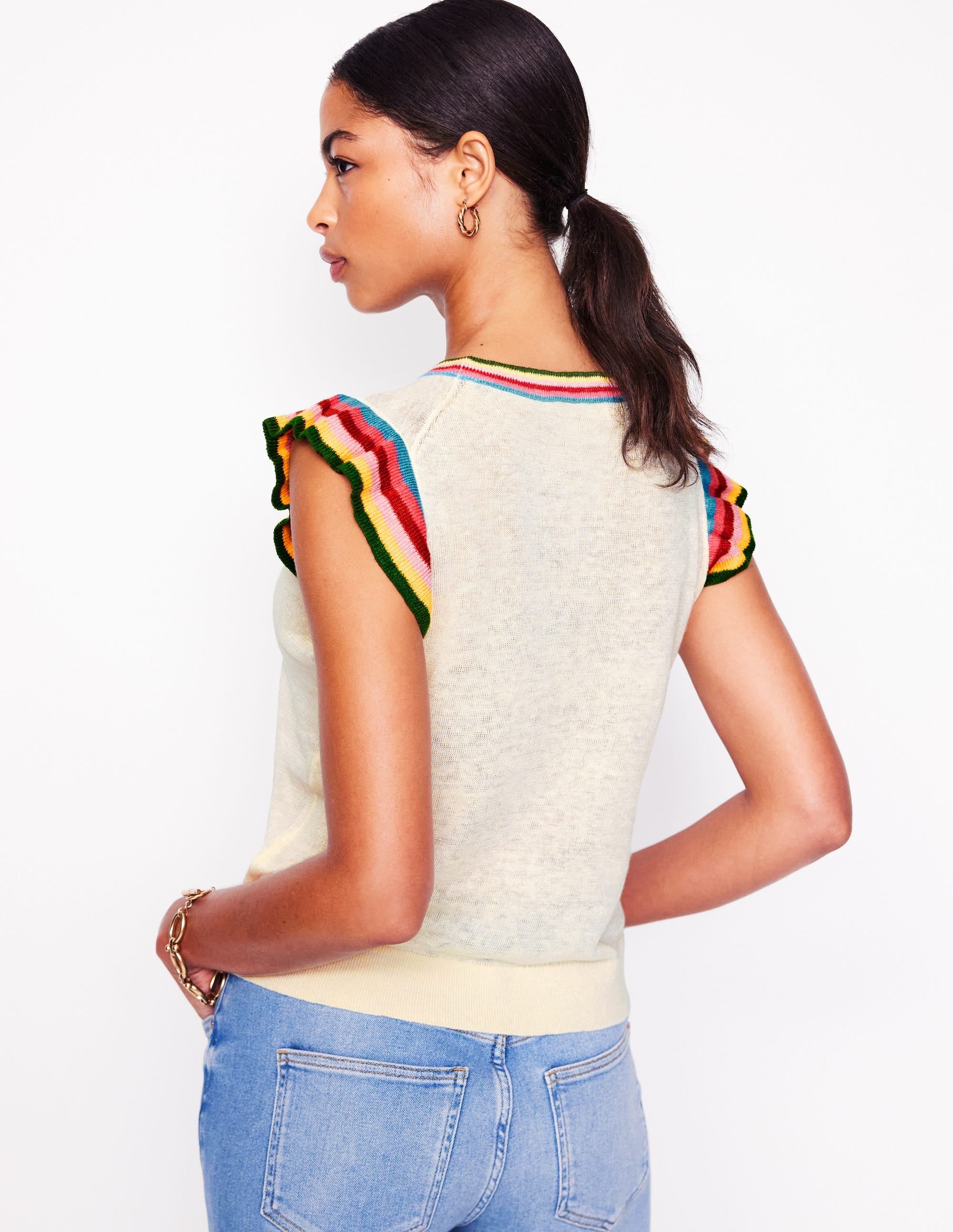 Josie Frilled Linen Tank-Warm Ivory, Multi Stripe - Image 4