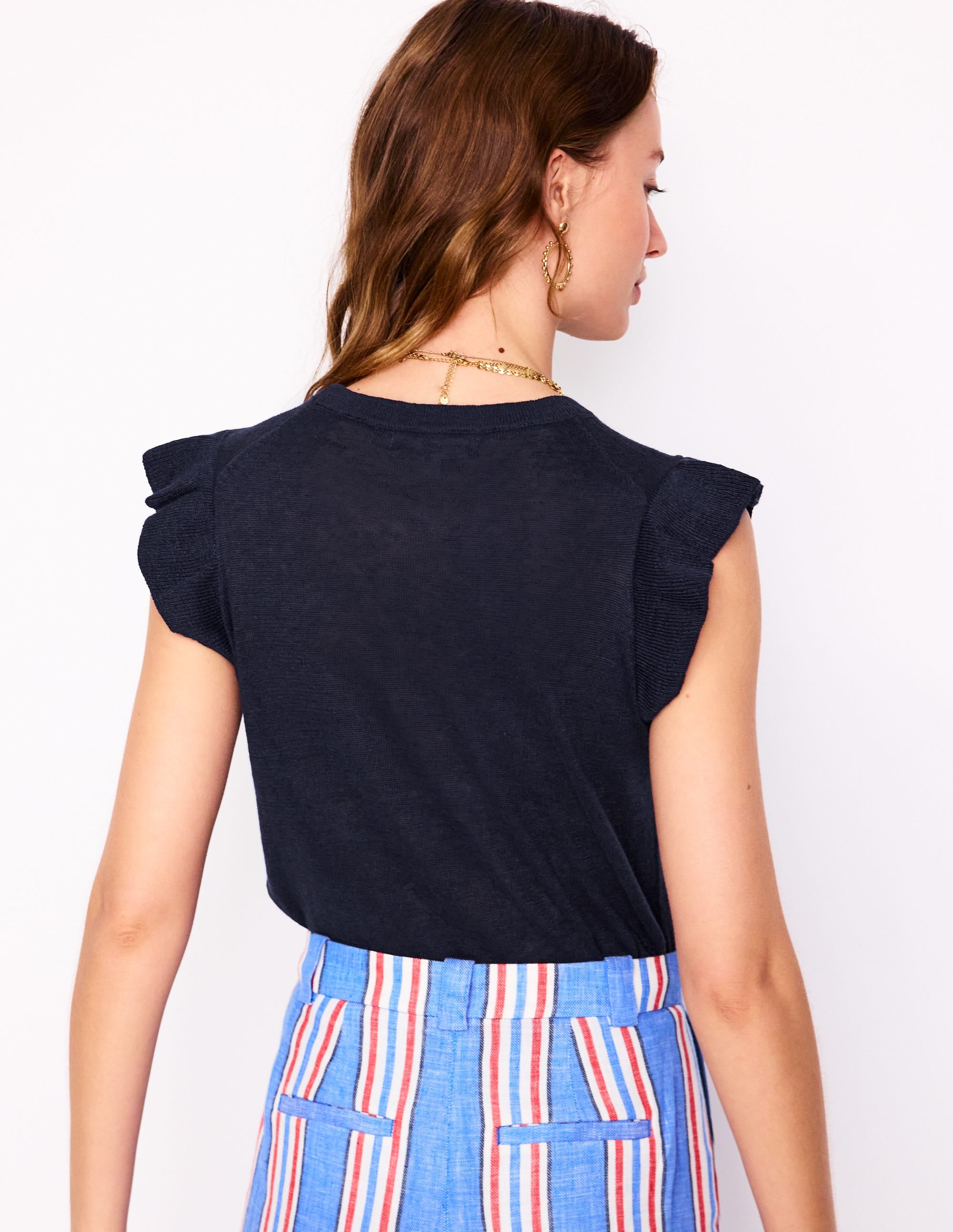 Josie Frilled Linen Tank-Navy - Image 3
