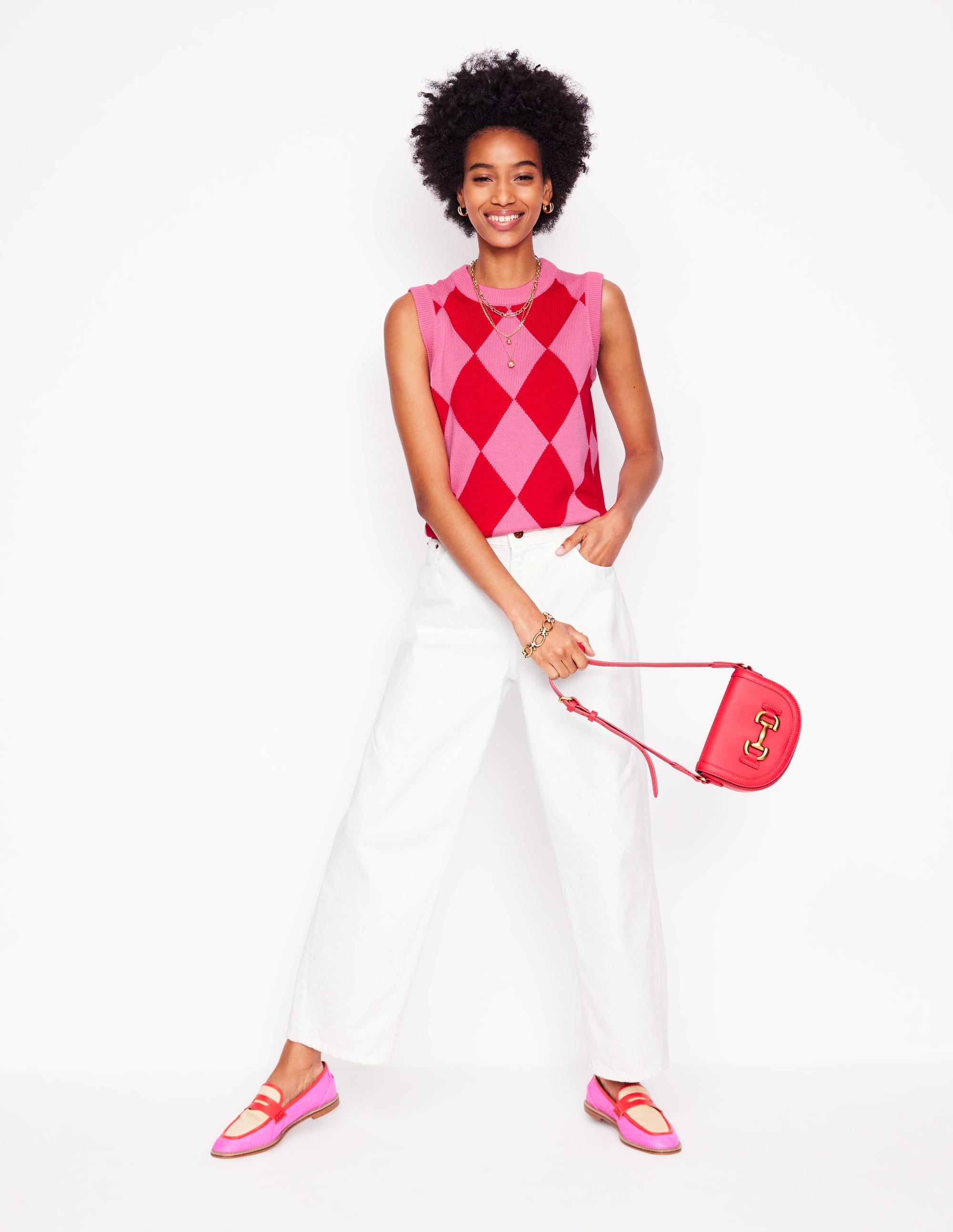 Cotton Argyle Tank-Pink Rose and Poppy Red Argyle - Image 1