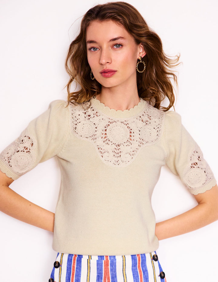 Embroidered Yoke Knitted Tee-Warm Ivory