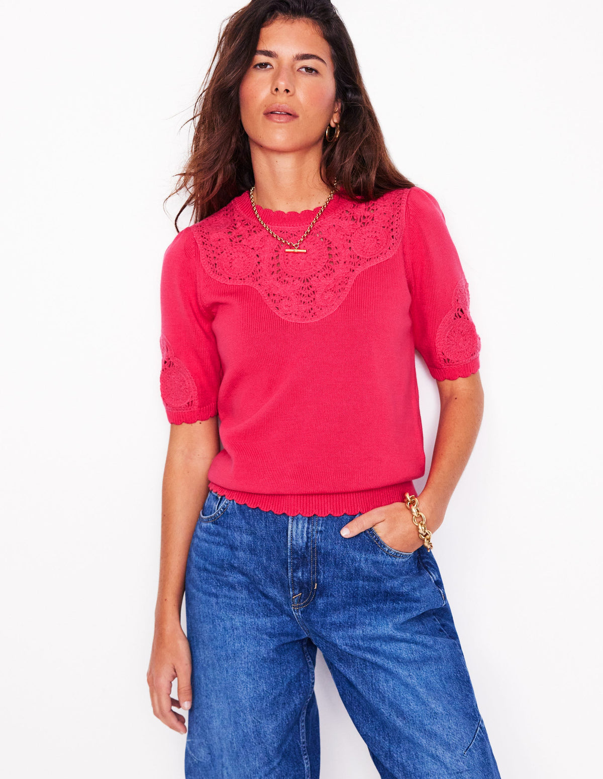 Embroidered Yoke Knitted Tee-Camelia Pink - Image 1