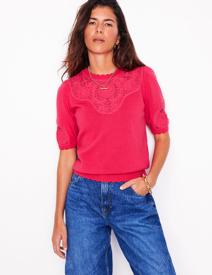 Embroidered Yoke Knitted Tee-Camelia Pink