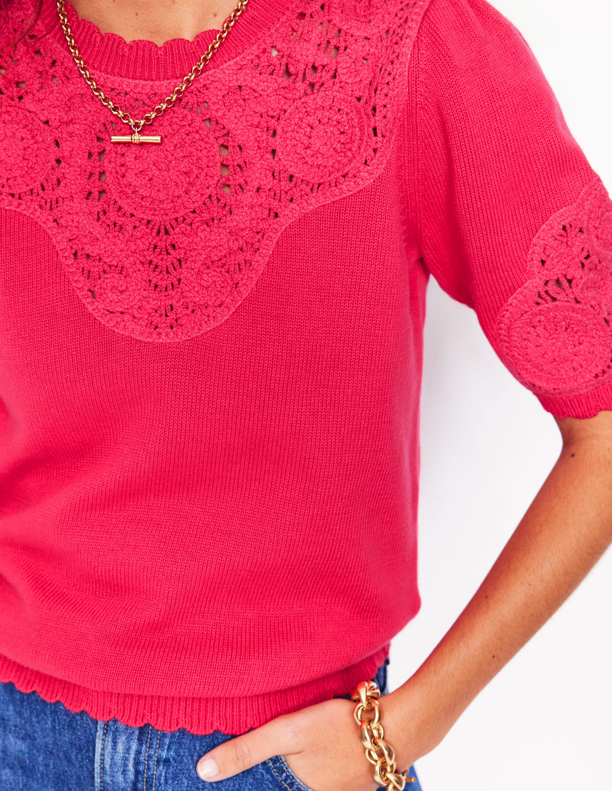 Embroidered Yoke Knitted Tee-Camelia Pink - Image 2