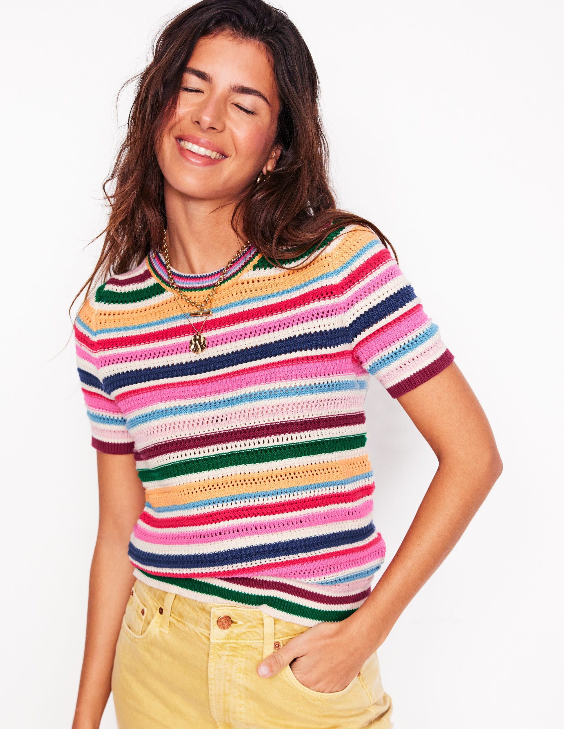 Textured Stitch T-Shirt-Pink Rose, Terracotta Rainbow-1