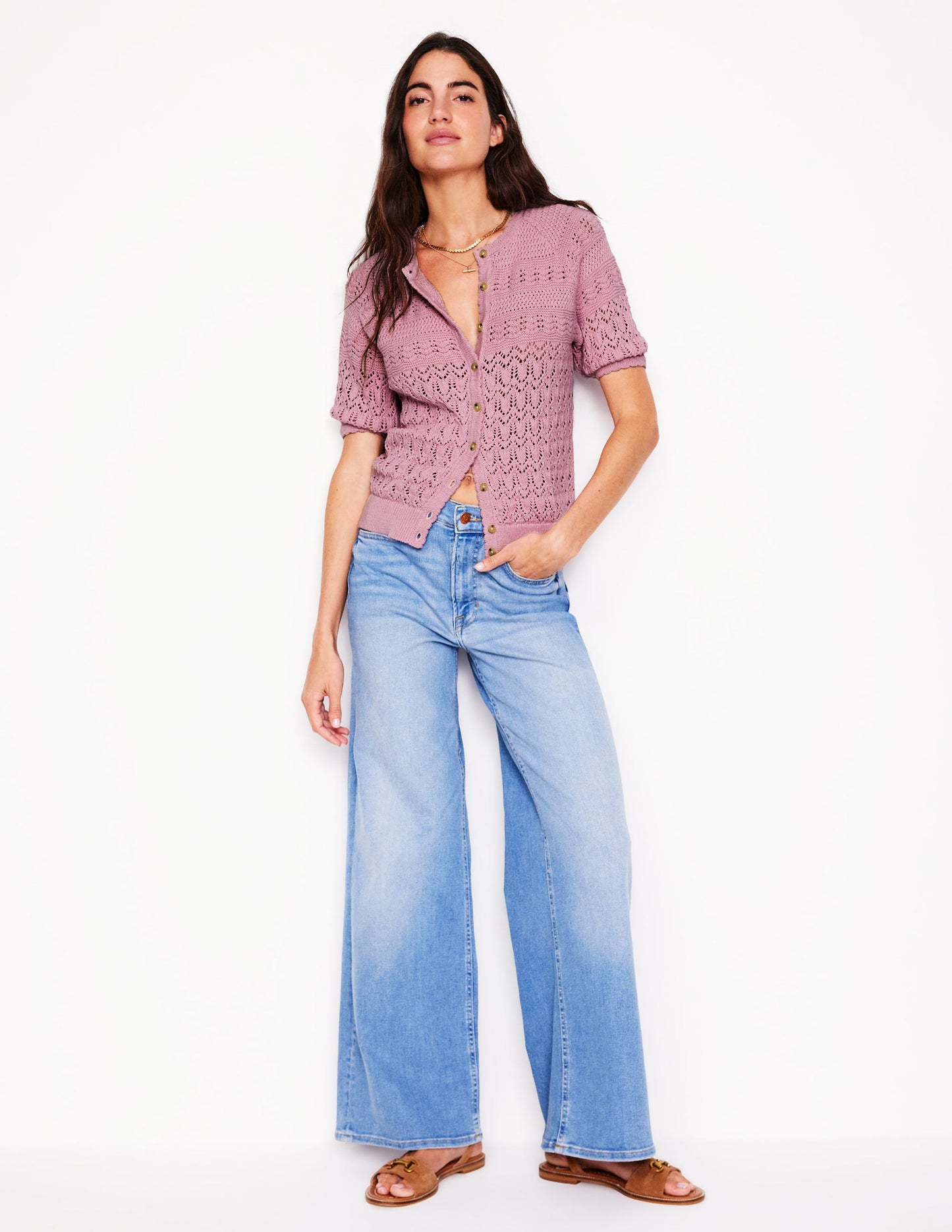 Elodie Stitch Crew Cardigan-Soft Pink