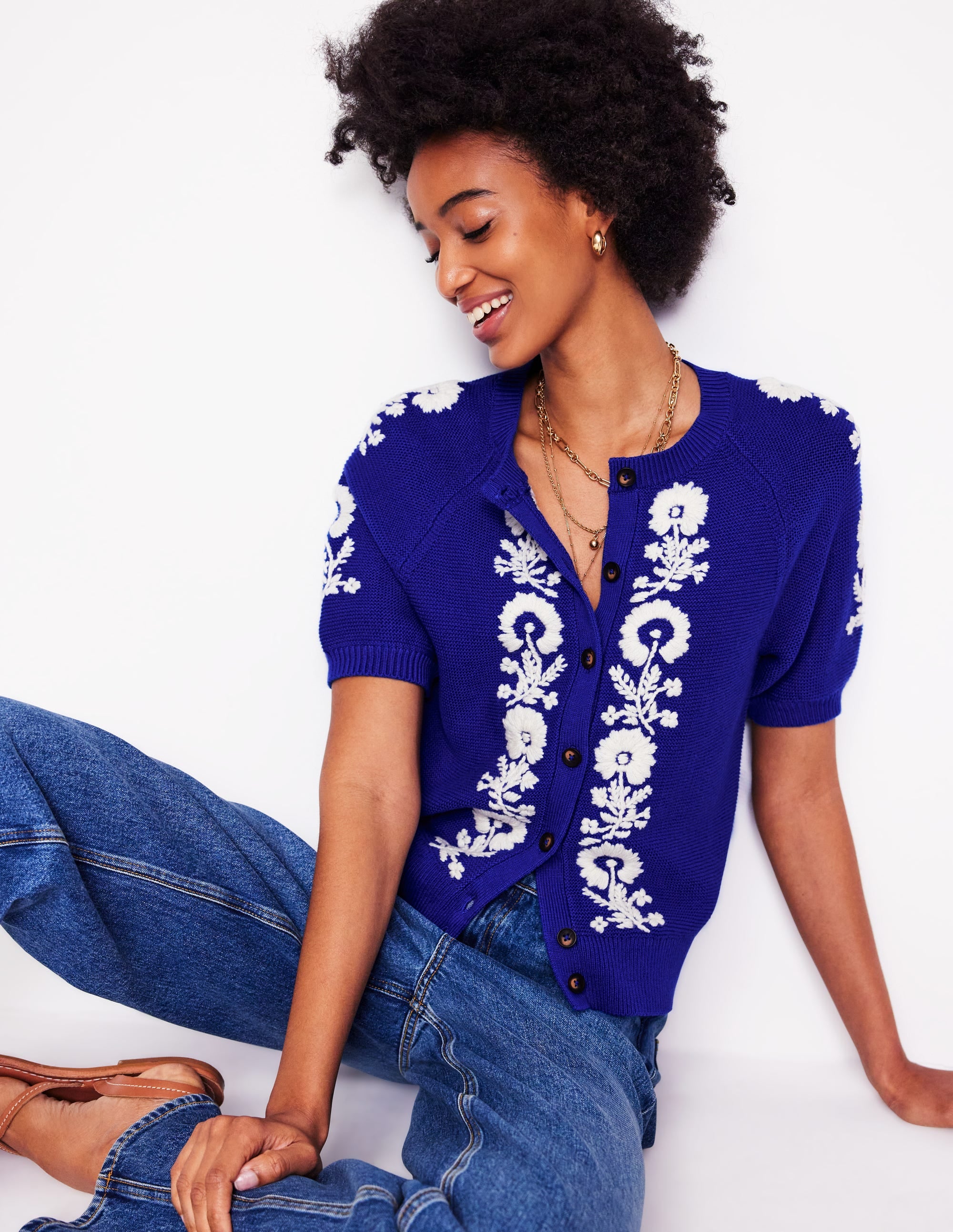 Embroidered T-Shirt Cardigan-Bright Blue, Flowers - Image 1