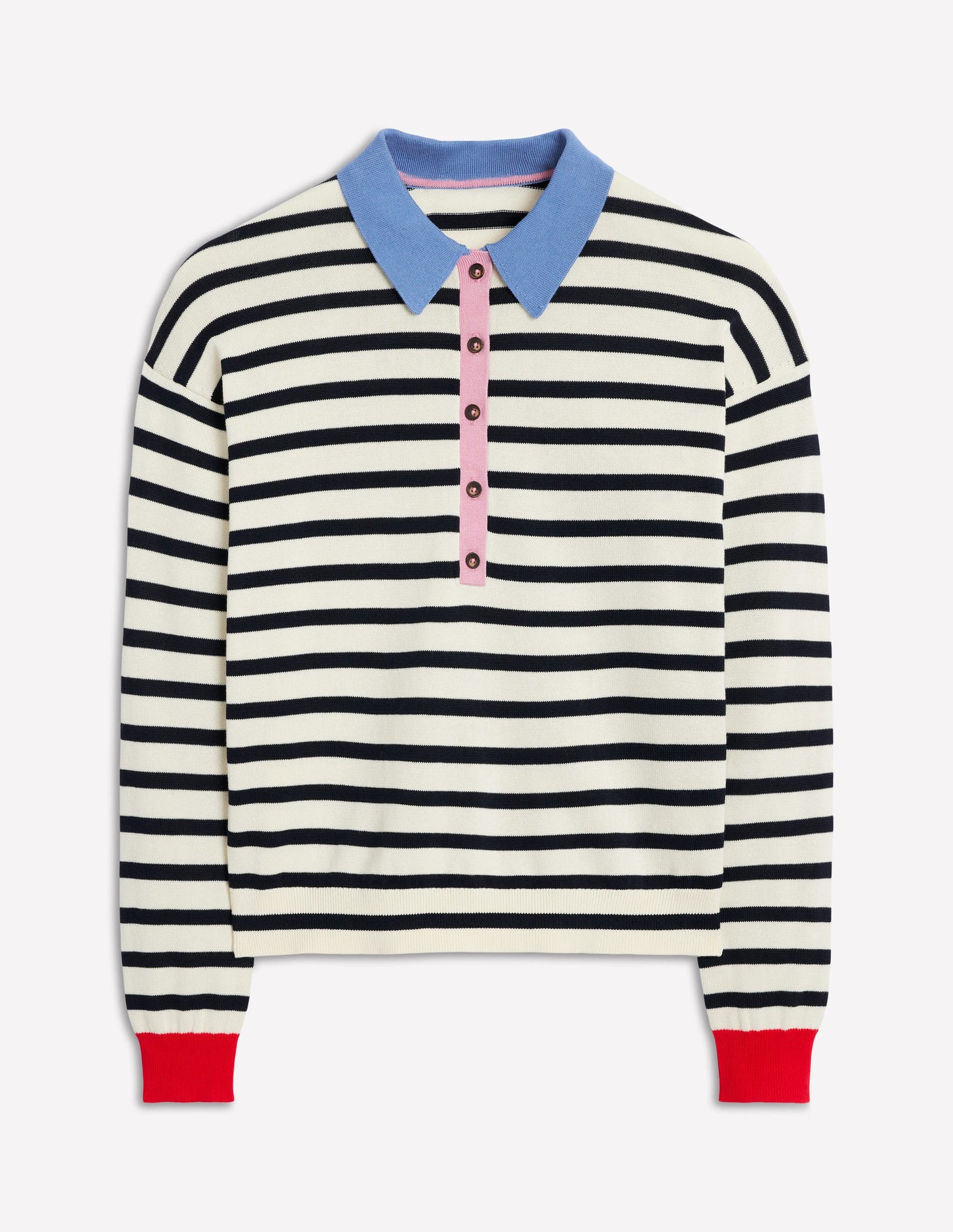 Lara Cotton Henley Jumper-Navy, Warm Ivory Stripe