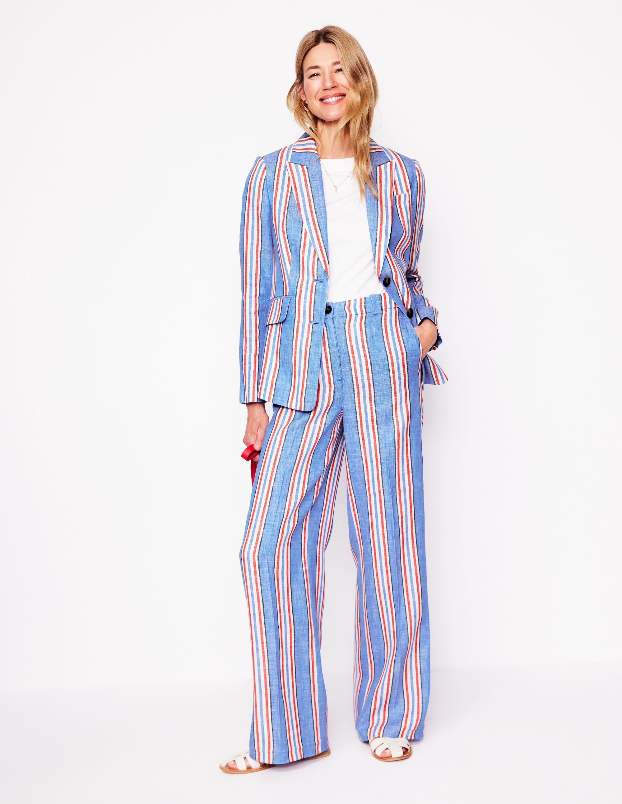 Westbourne Linen Trousers-Peacock Blue, Red Stripe - Image 1