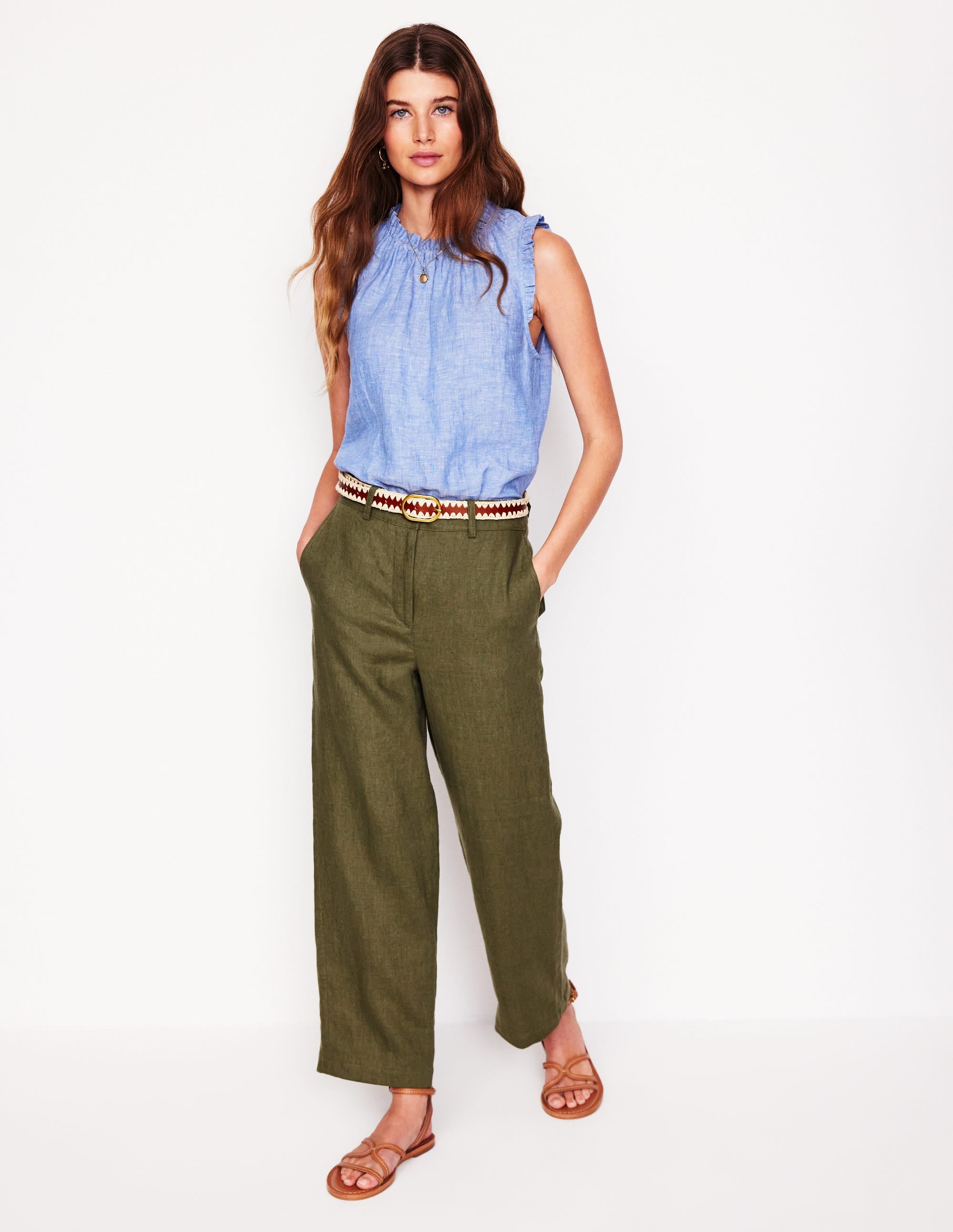 Westbourne Crop Linen Trousers-Woodland Green - Image 1