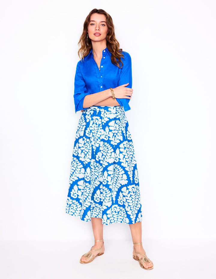 Verity Linen Midi Skirt-Cerulean Blue, Blossomy