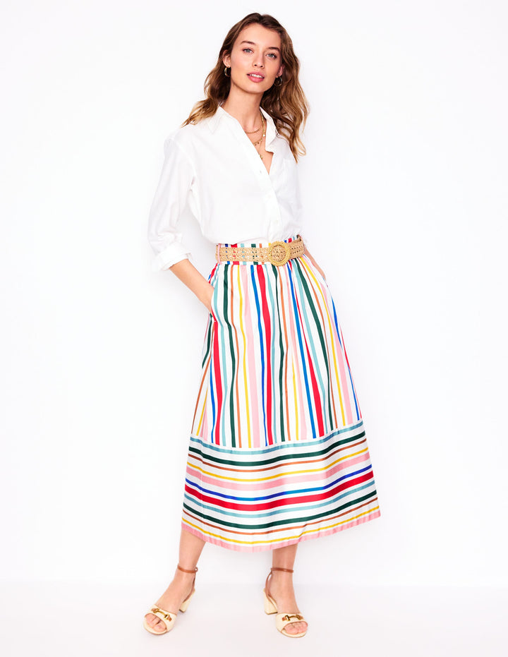 Tie Belt Sateen Midi Skirt-Ivory Varigated Rainbow Stripe