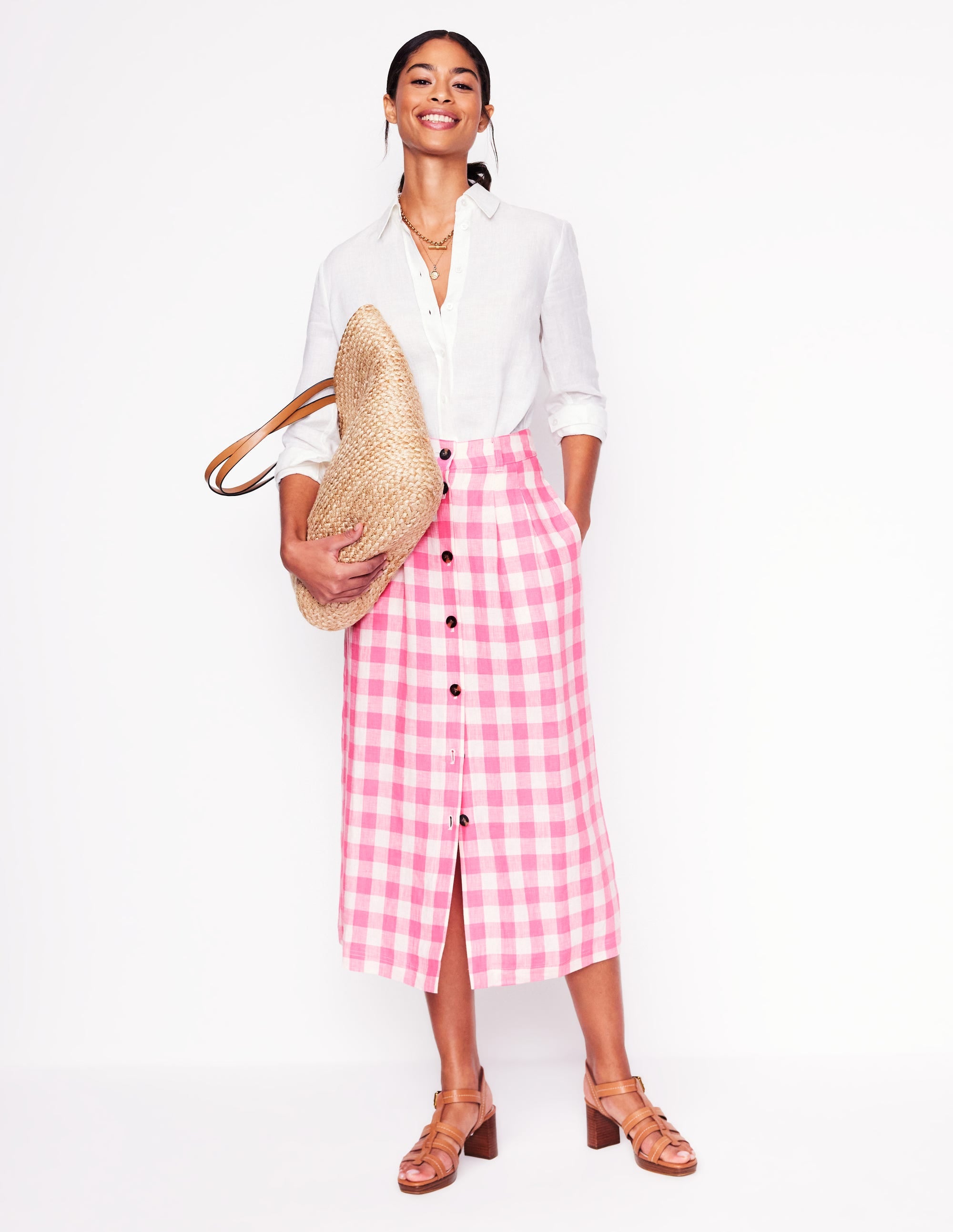 Thomasina Linen Midi Skirt-Pink Gingham - Image 1
