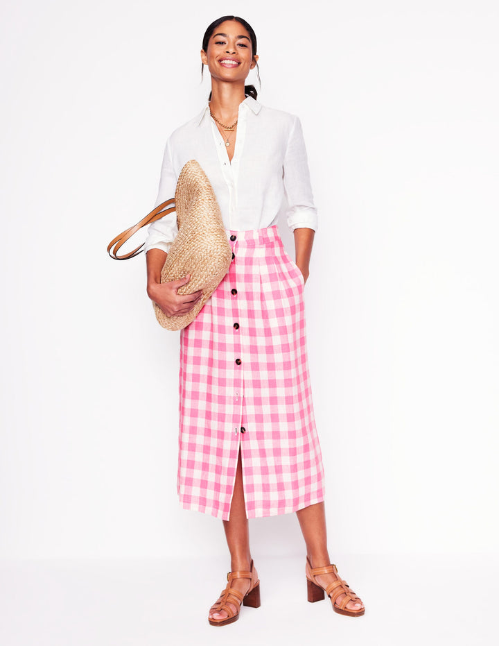 Thomasina Linen Midi Skirt-Pink Gingham