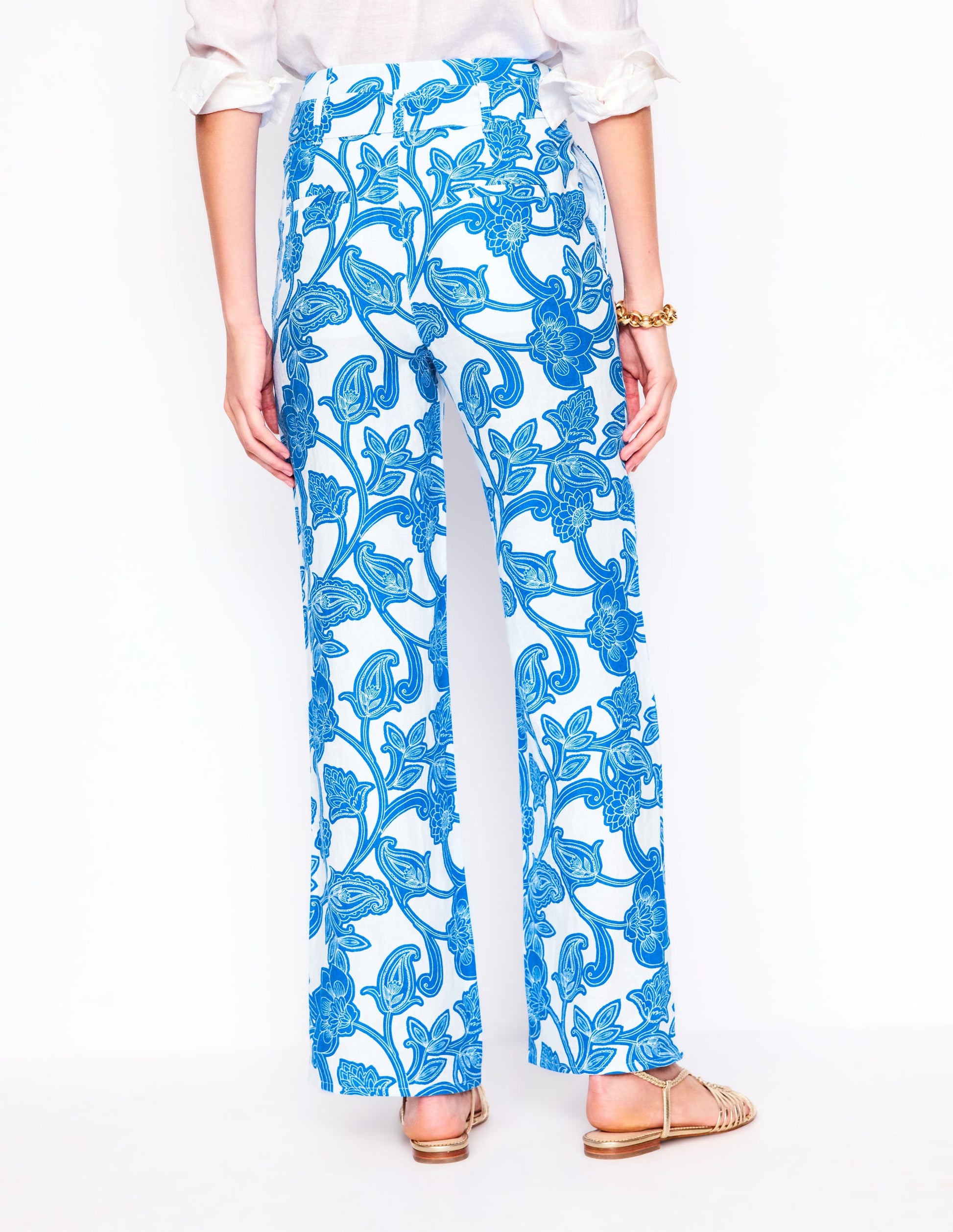 Belted Linen Trousers-Cerulean Blue, Paisley Whirl-4