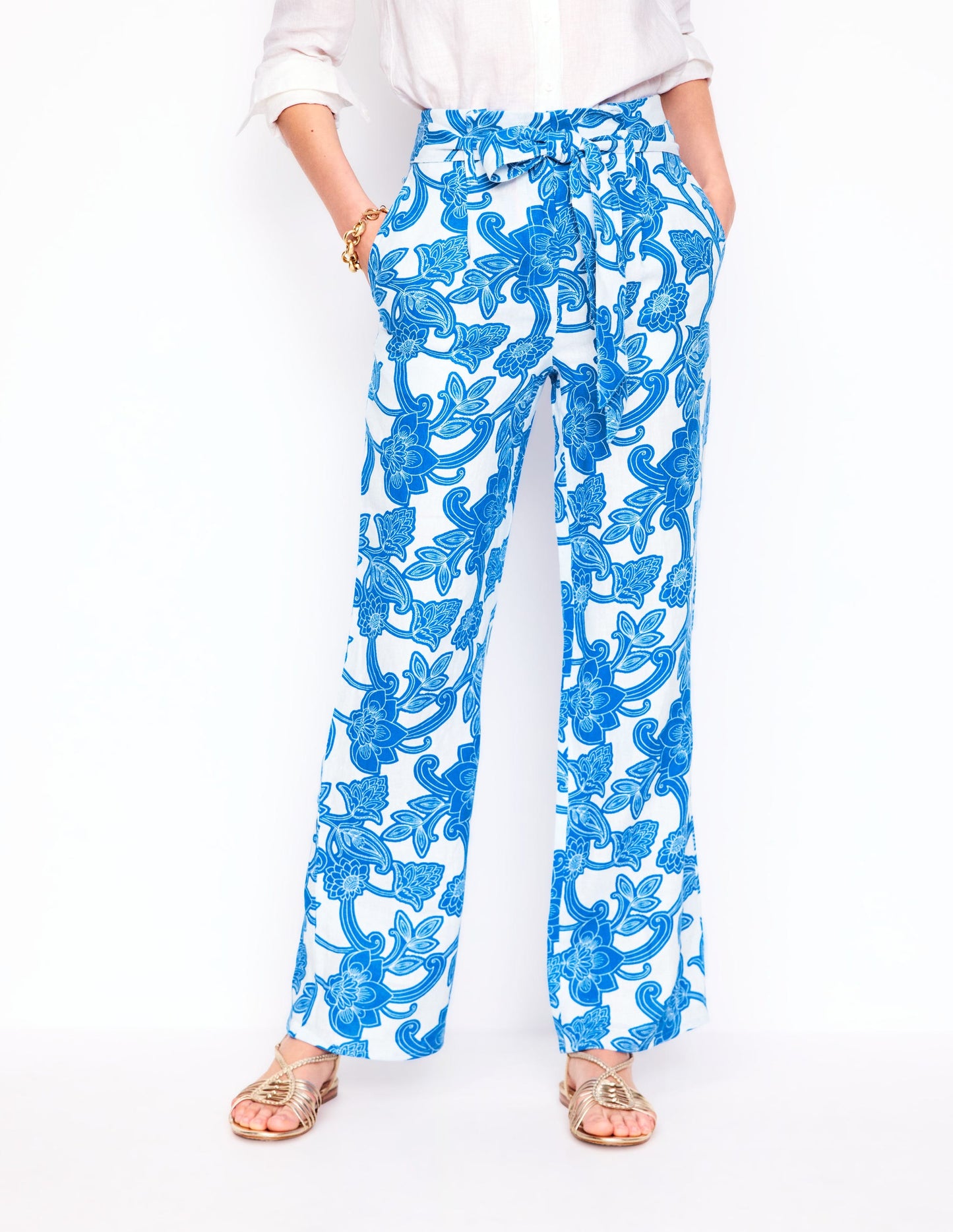 Belted Linen Trousers-Cerulean Blue, Paisley Whirl