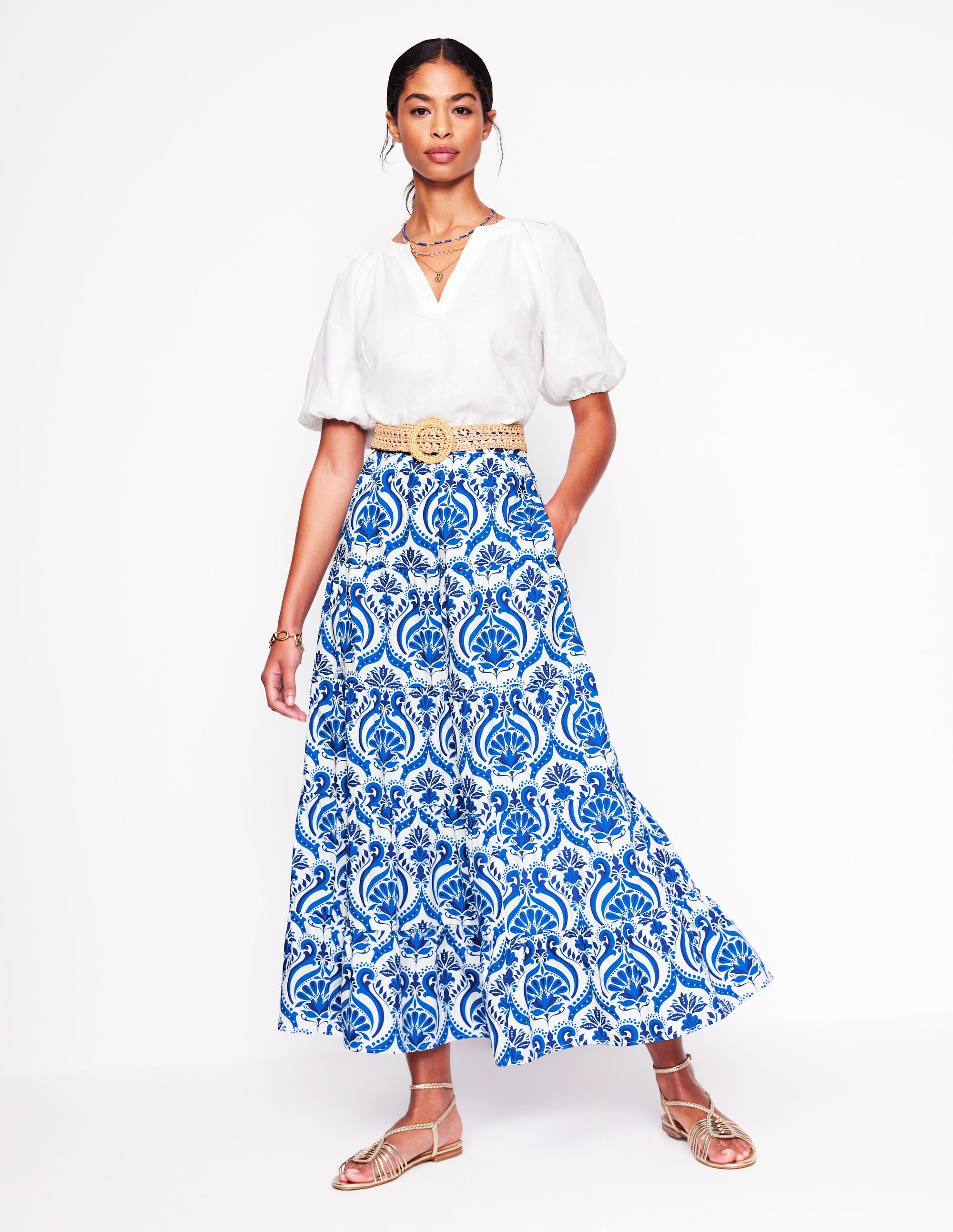 Nadia Poplin Maxi Skirt-Blue, Ornamental Floral - Image 1