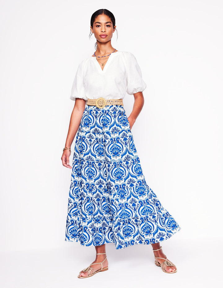 Nadia Poplin Maxi Skirt-Blue, Ornamental Floral