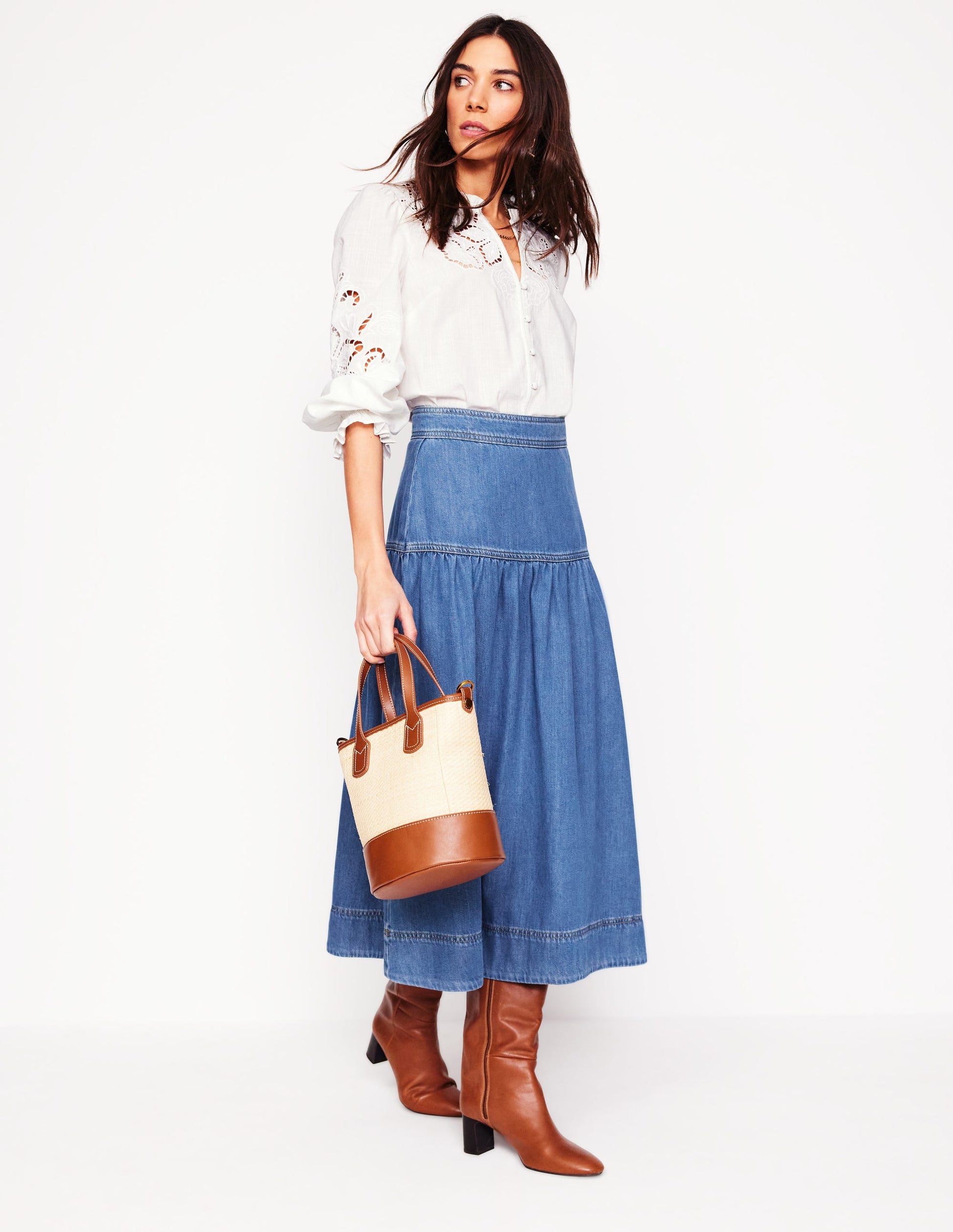 Jean Skirt Maxi Skirt On Short Person Yoke Detail Denim Midi Skirt-Mid Vintage Boden UK