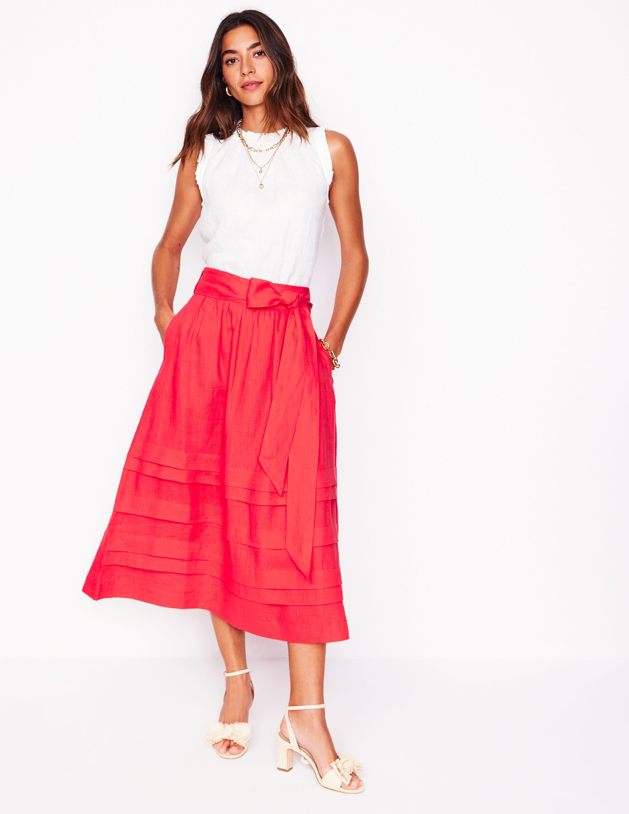 Pintuck Linen Midi Skirt-Strawberry Tart Red - Image 1