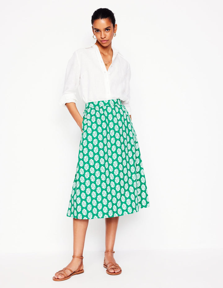 Hattie Poplin Midi Skirt-Rich Emerald, Posy Stamp