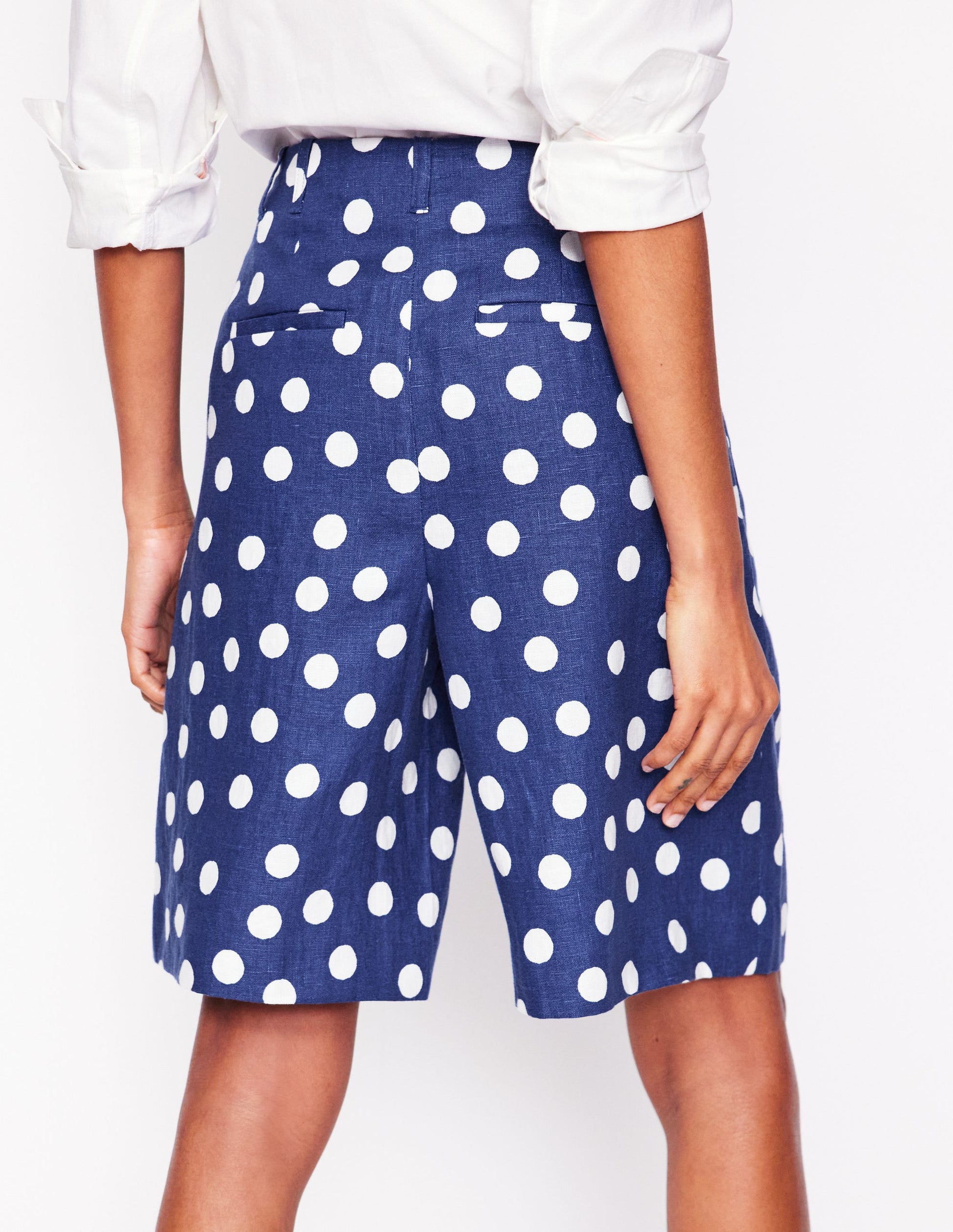 Pleat Linen Wide Leg Shorts-Navy Painted Dot Boden UK