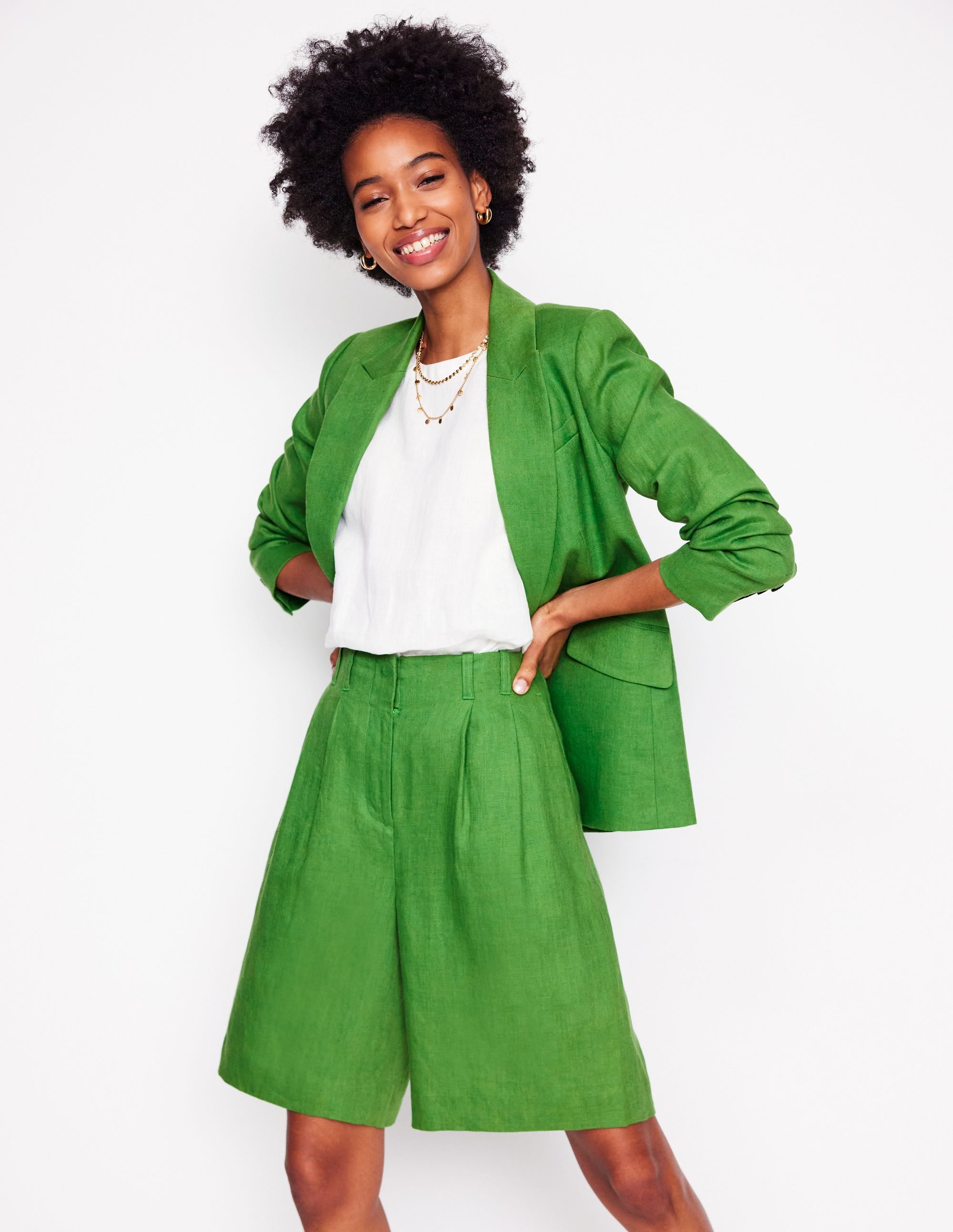 Pleat Linen Wide Leg Shorts-Green - Image 1