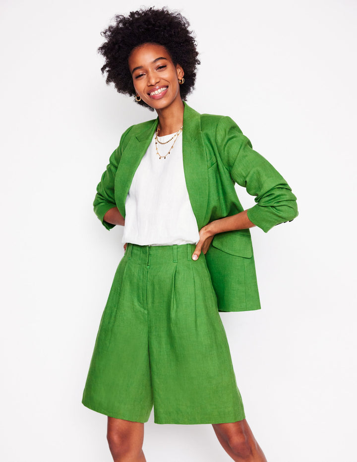 Pleat Linen Wide Leg Shorts-Green