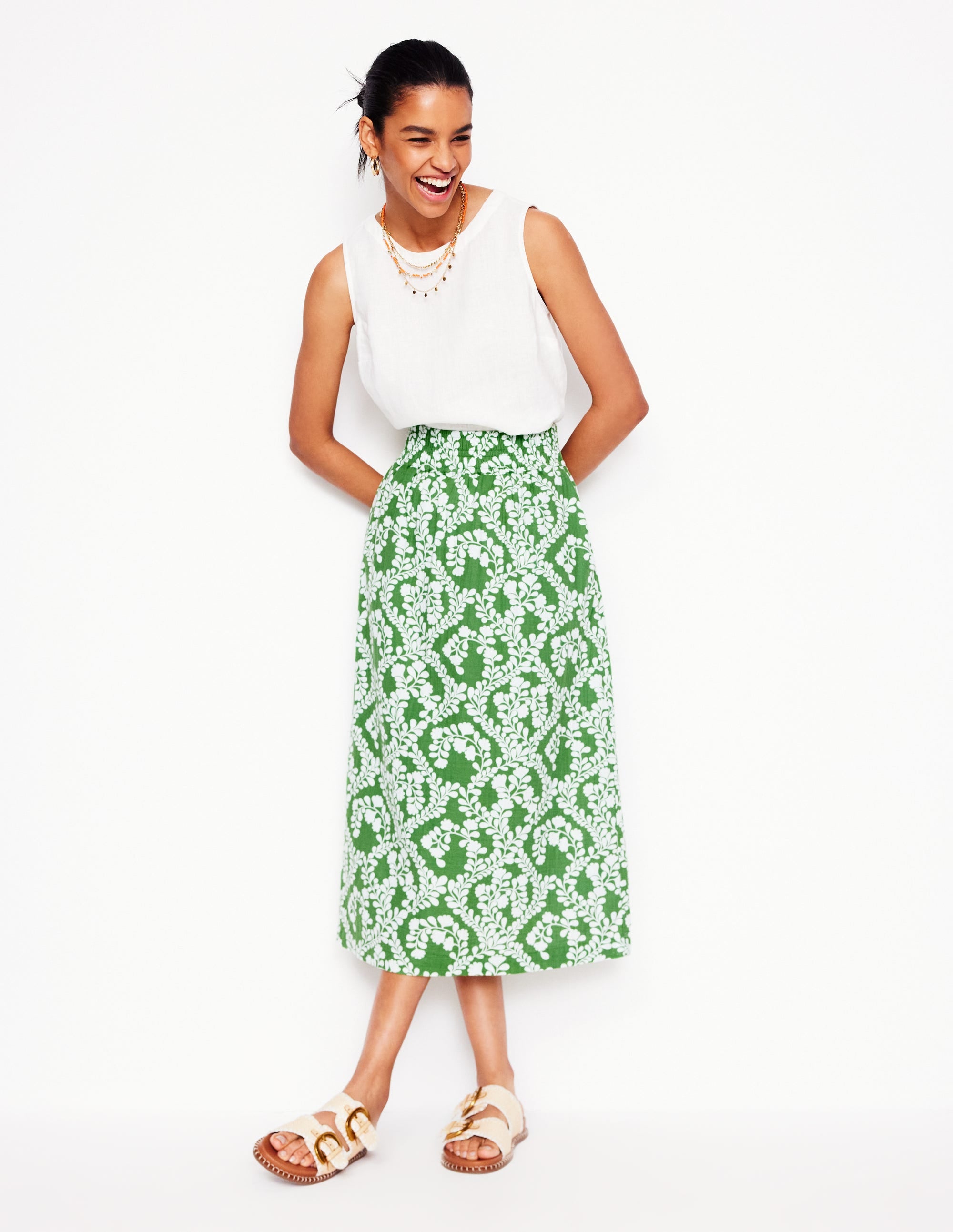 Double Cloth Smocked Skirt-Paradise Green,Vine Silhouette - Image 1