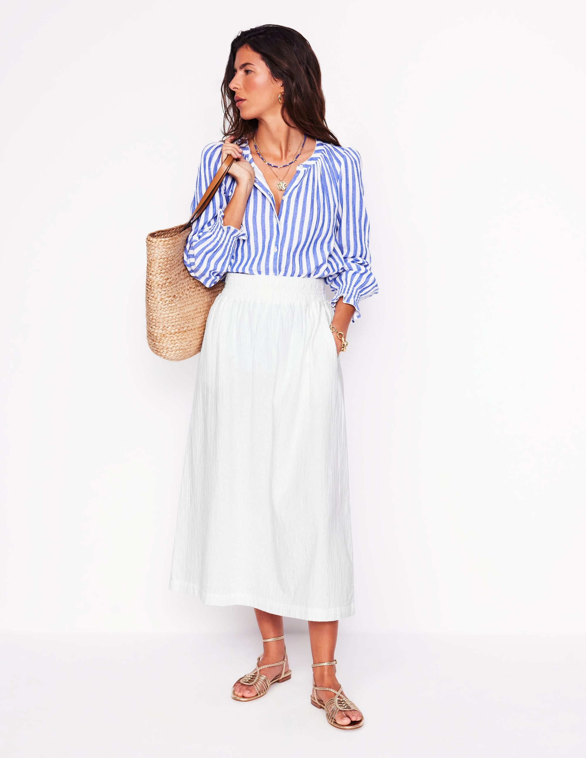 Double Cloth Smocked Skirt-White - Image 1