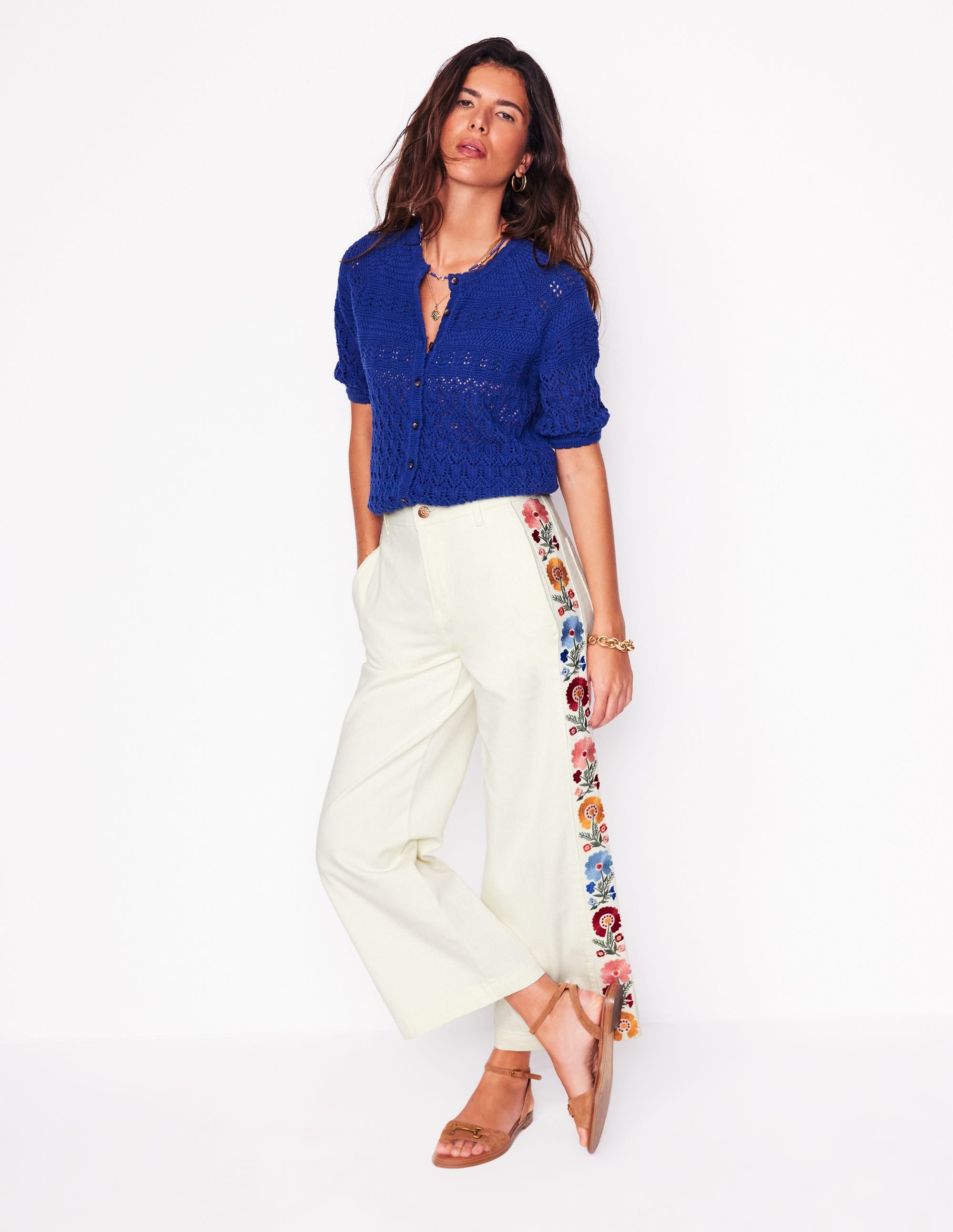 Cropped Embroidered Jeans-Ivory Embroidery - Image 1