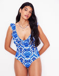 Evia Ruffle Swimsuit-Blue, Ornamental Floral