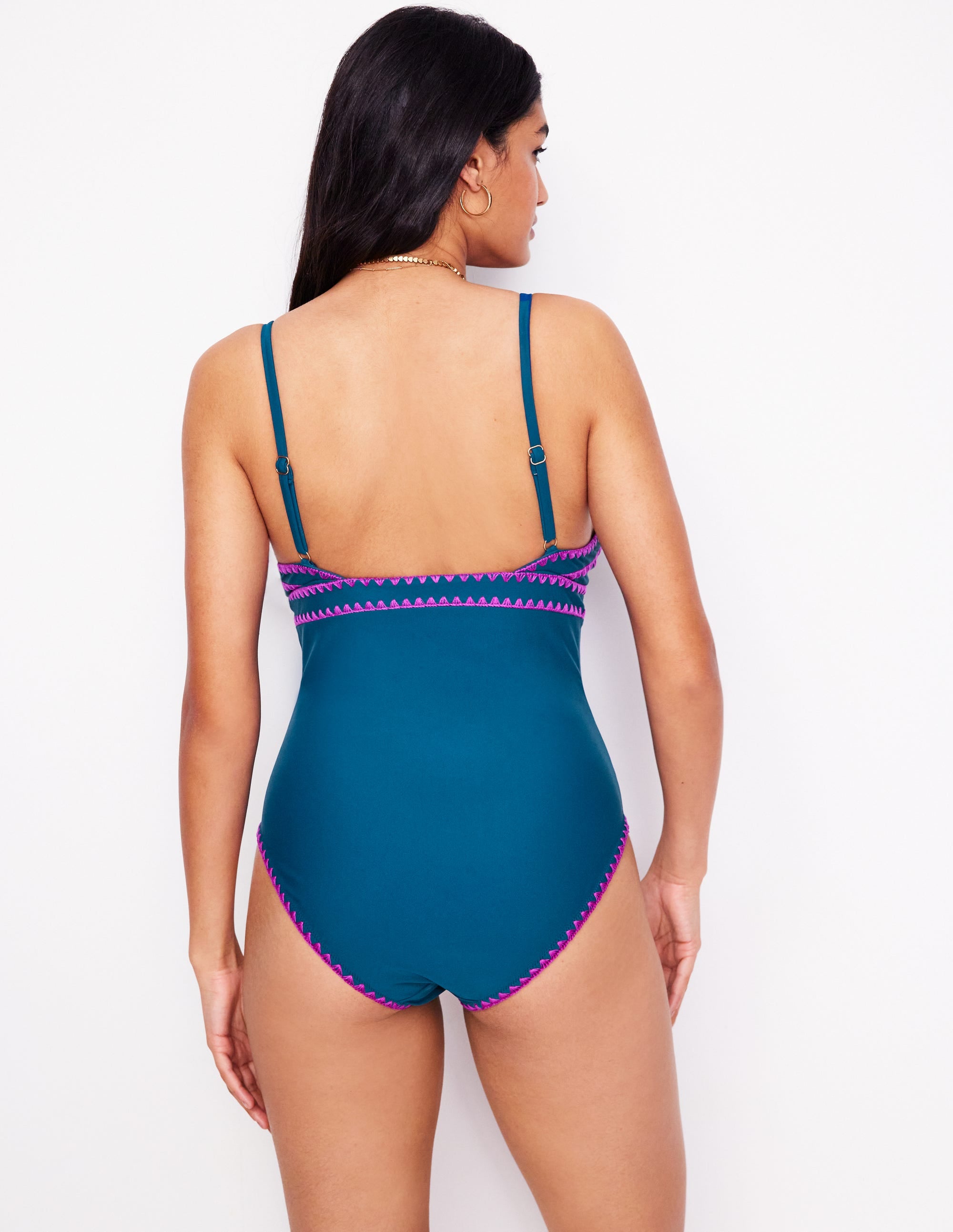 Kasos String V Neck Swimsuit-Oceanside, Very Fuchsia - Image 6