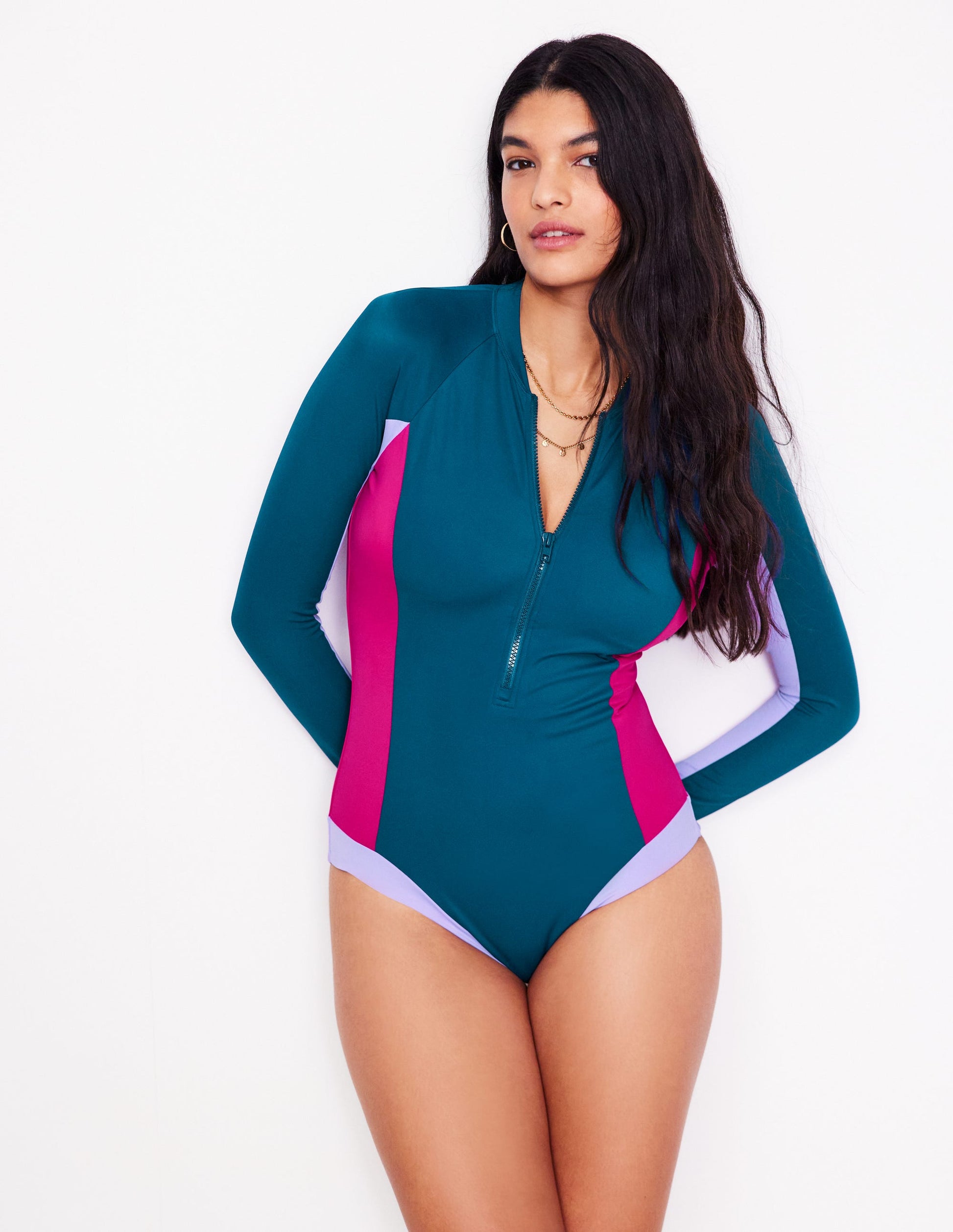Sporty Raglan Sleeve Swimsuit-Oceanside Blue-2