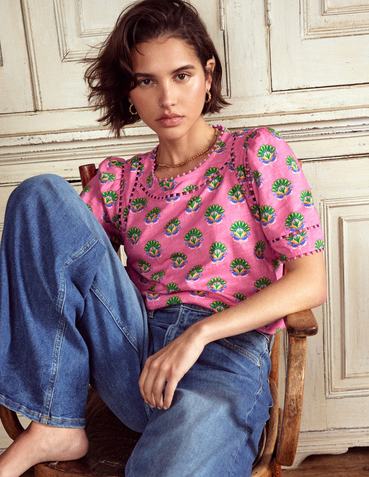 Mila Trim Detail Top-Pink, Ornamental Floral Sprig