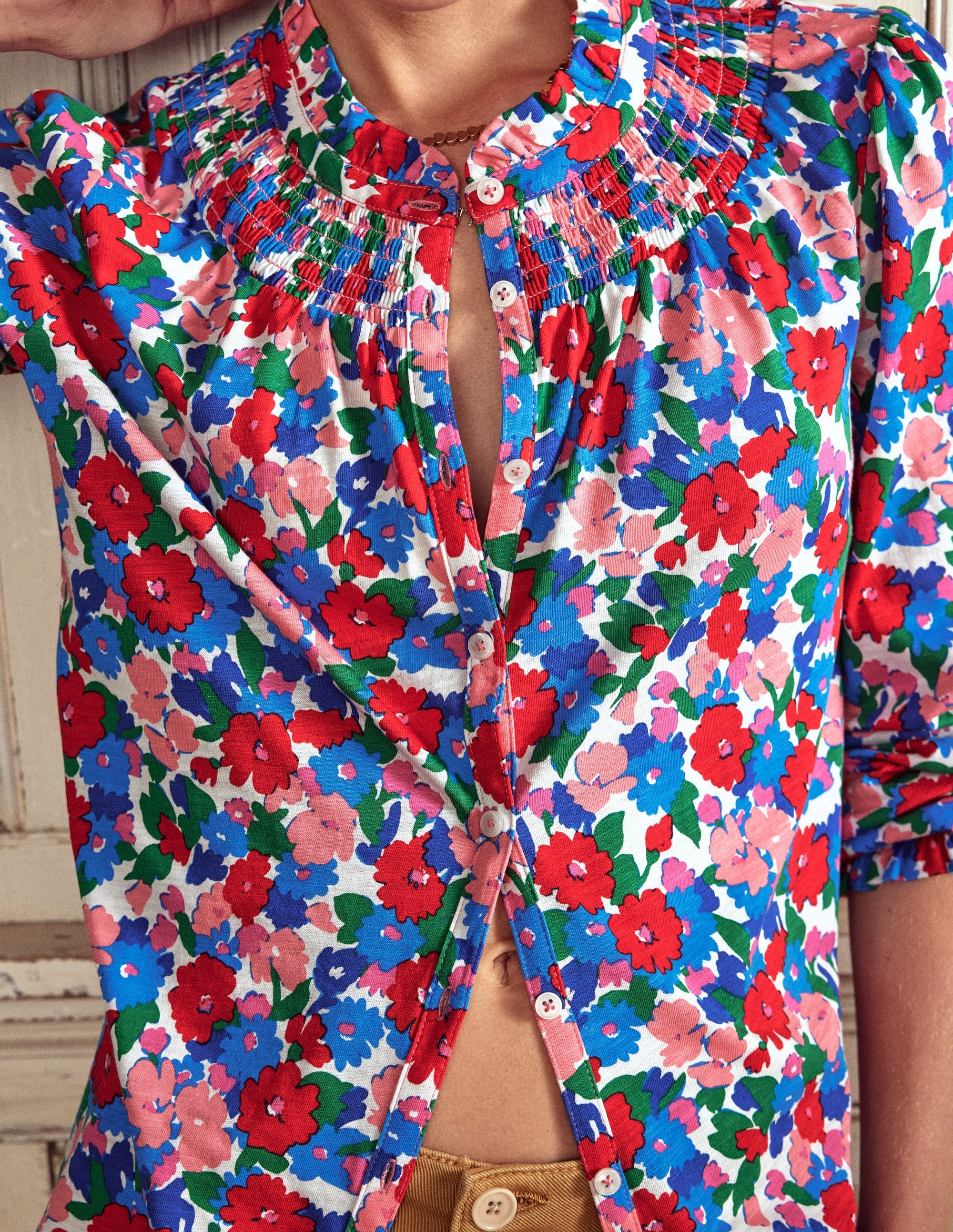 Fay Smocked Jersey Shirt-Multi, Painterly Meadow - Image 6