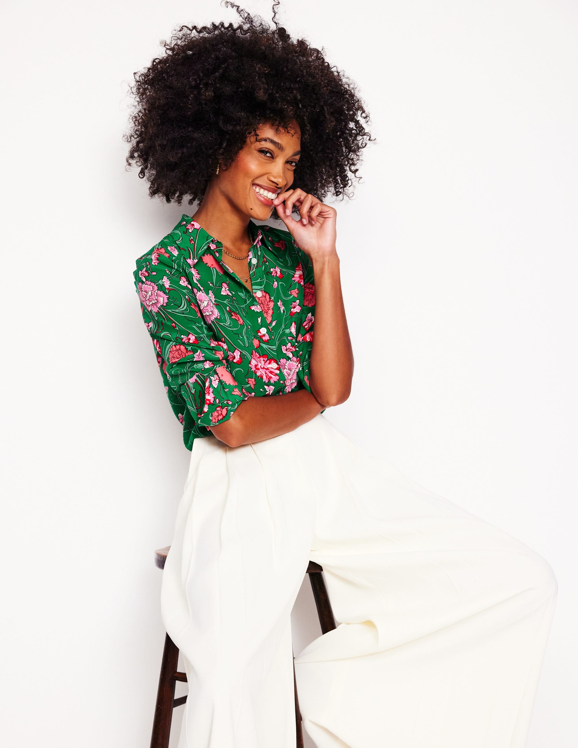 Sienna Silk Shirt-Rich emerald, Carnation Vine - Image 1