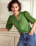 Eden Puff Sleeve Henley Top-Promenade Green