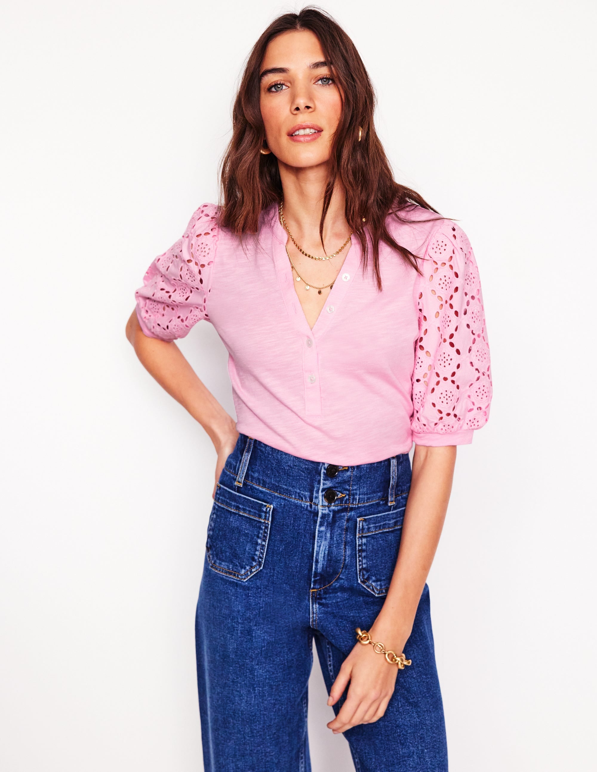 Eden Puff Sleeve Henley Top-Soft Pink - Image 1