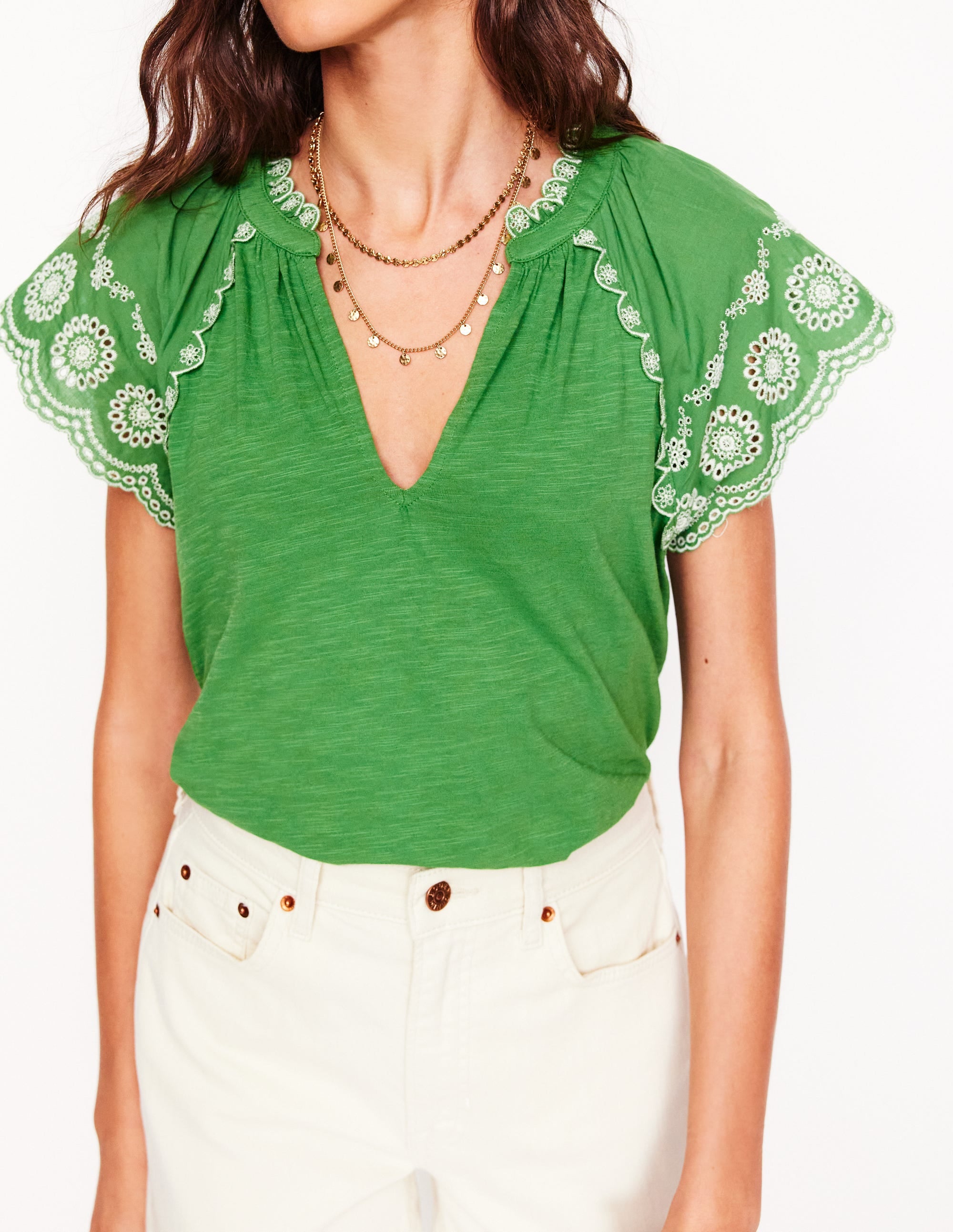 Ila Broderie Sleeve Notch Top-Paradise Green - Image 2