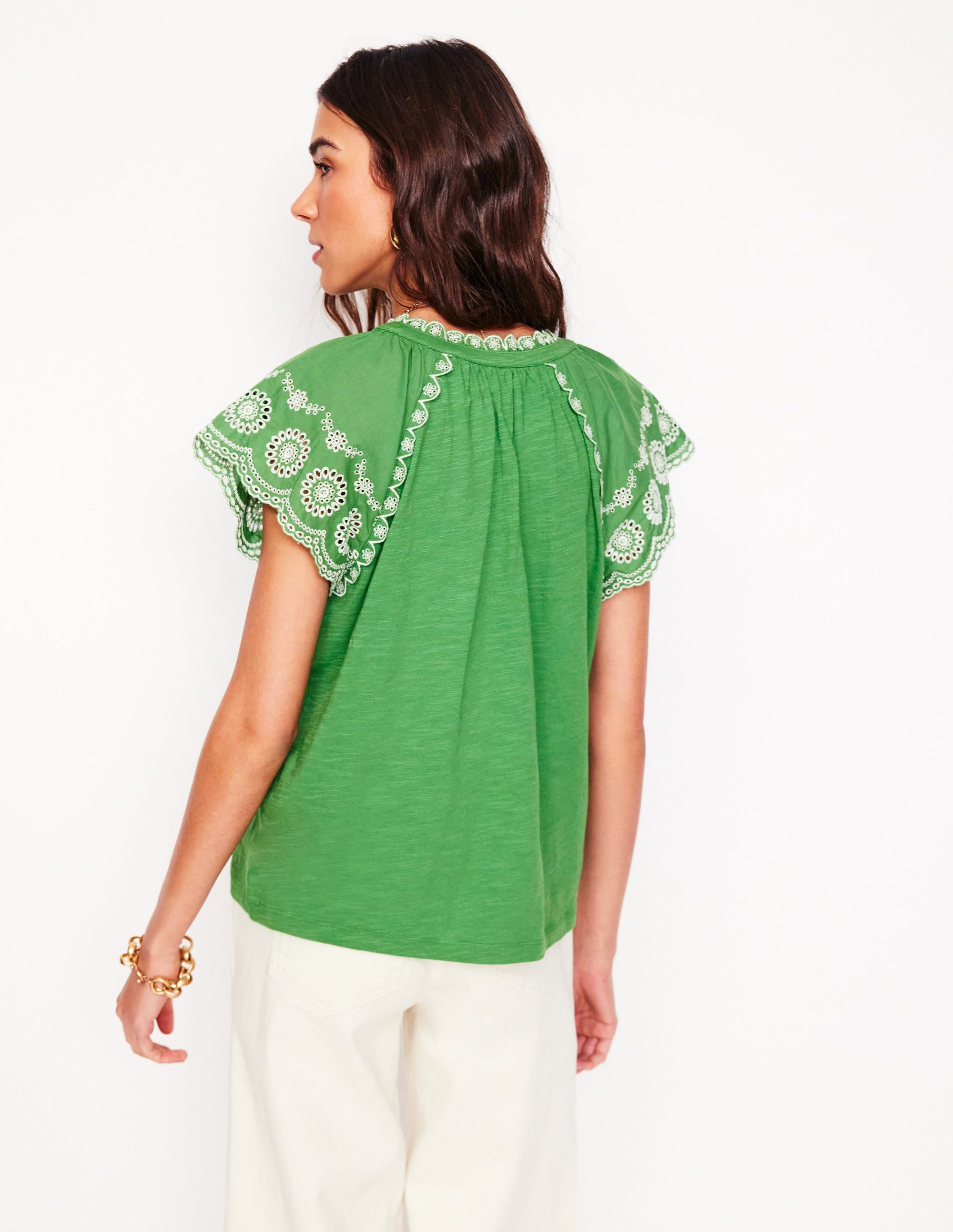 Ila Broderie Sleeve Notch Top-Paradise Green - Image 3