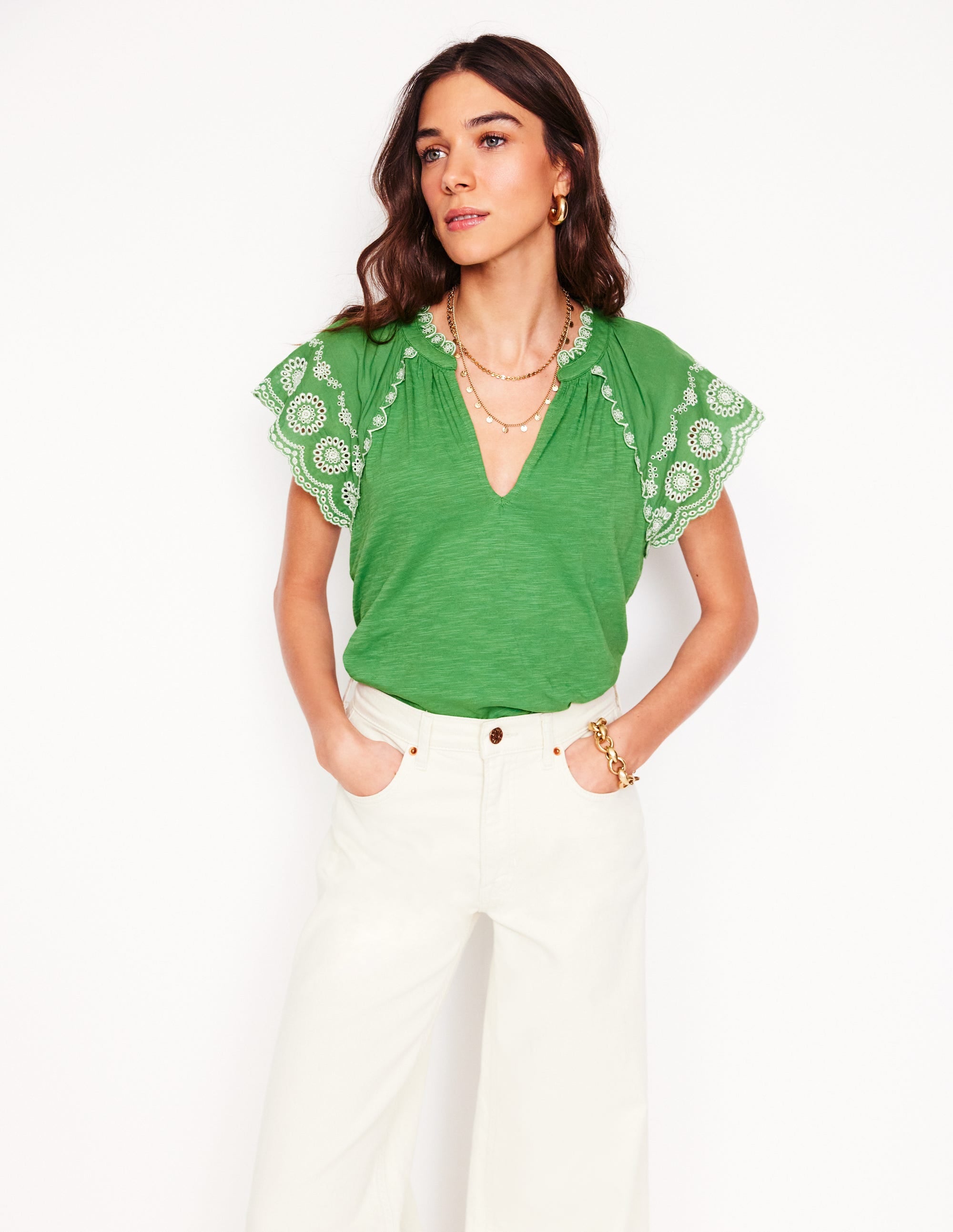 Ila Broderie Sleeve Notch Top-Paradise Green - Image 4